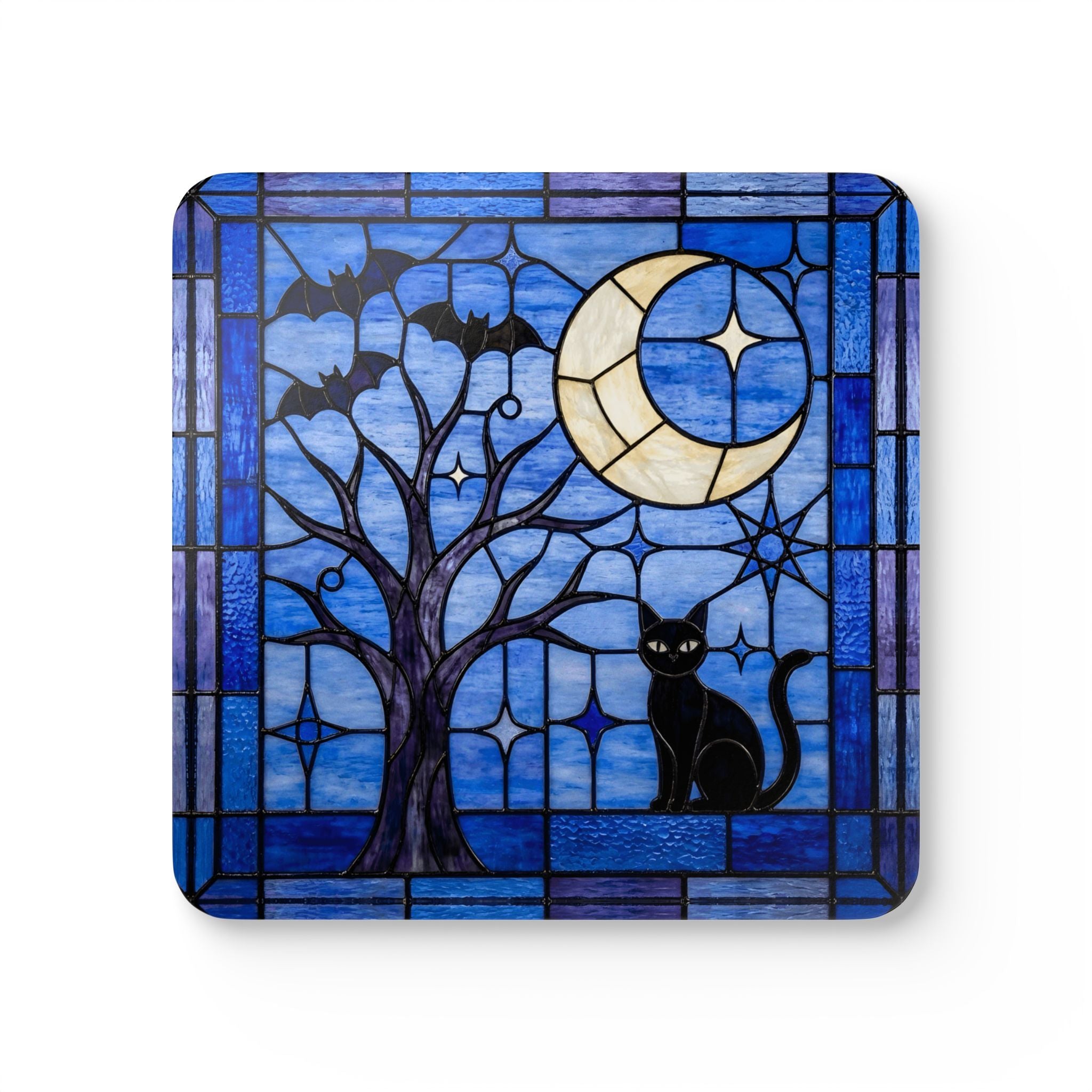 Halloween Stained Glass Style Night Sky Black Cat Corkwood Coaster Set