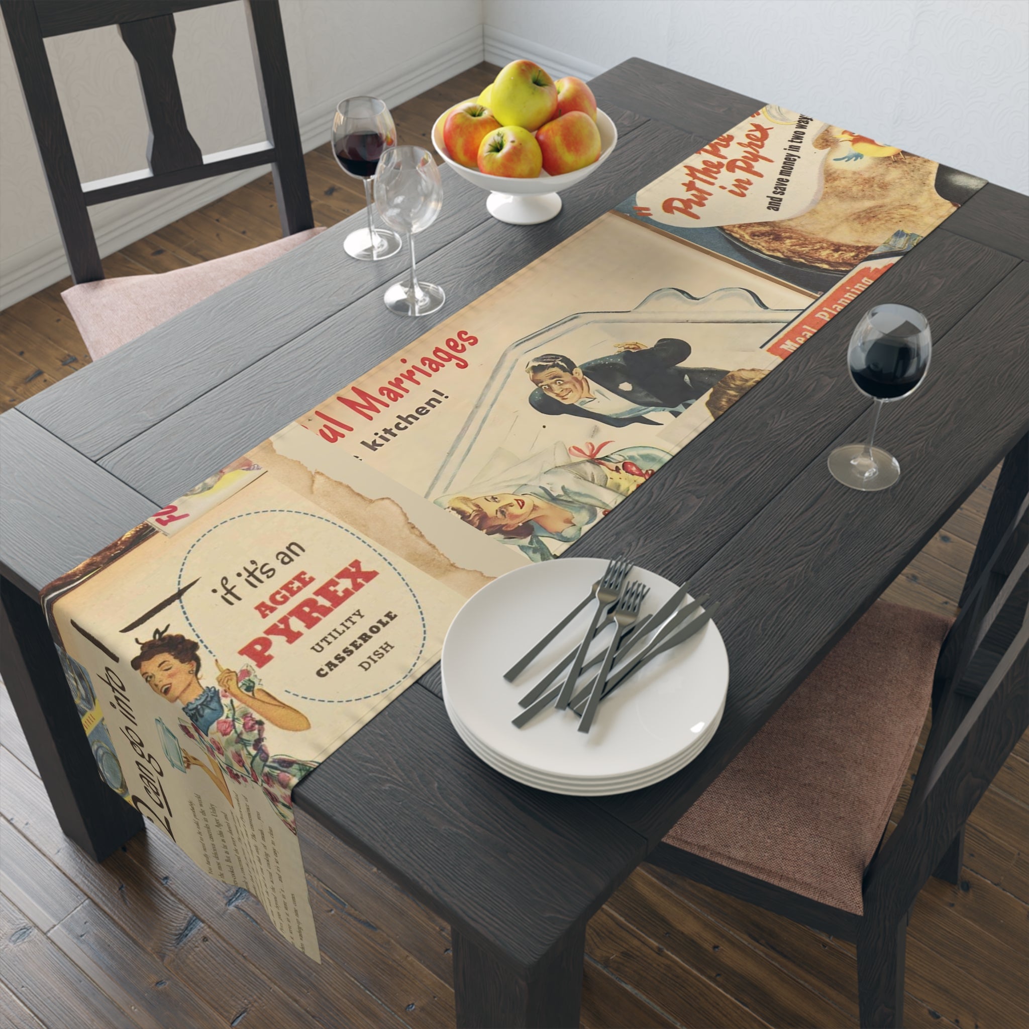 Vintage Pyrex Kitchen Ads, Mod Kitschy 50s Table Runner - Mid Century Modern Gal