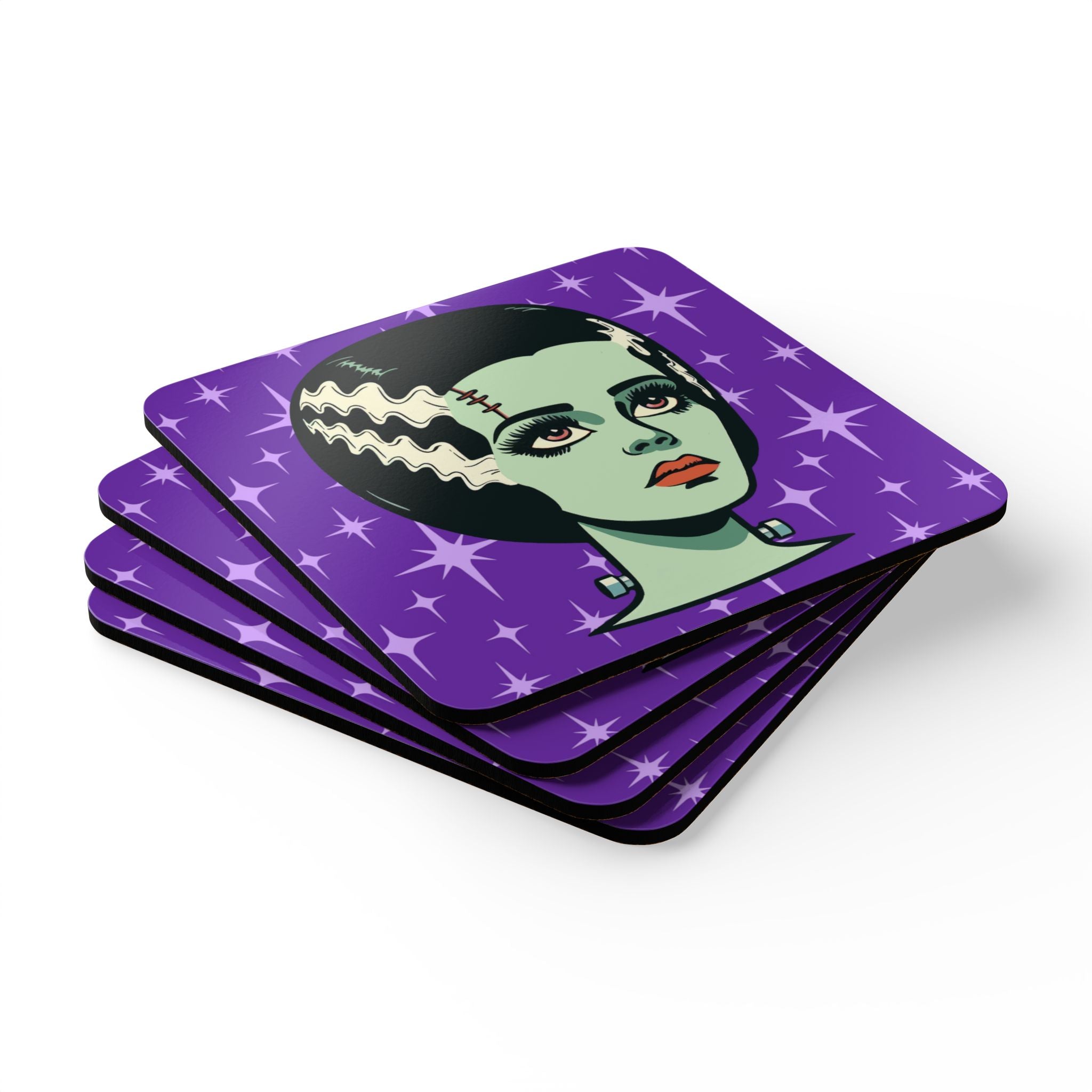 Bride of Frankenstein Retro Mid Mod Horror Buff Purple Halloween Corkwood Coaster Set - Mid Century Modern Gal