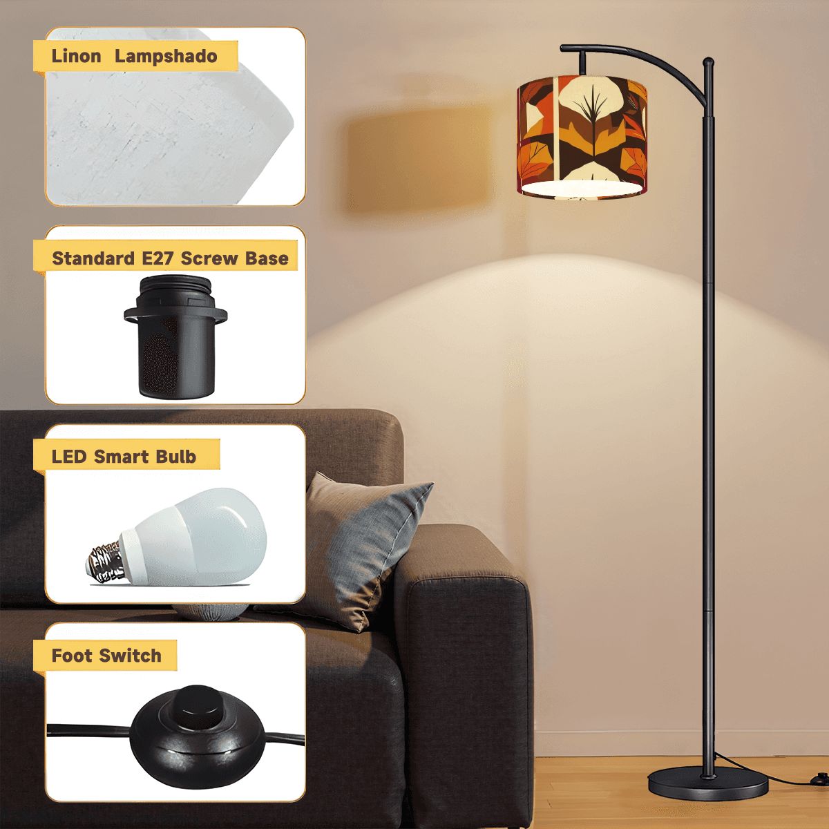 Mid Century Modern Scandinavian Leaves Harvest Gold Orange, Brown Arc Floor Lamp - Mid Century Modern Gal