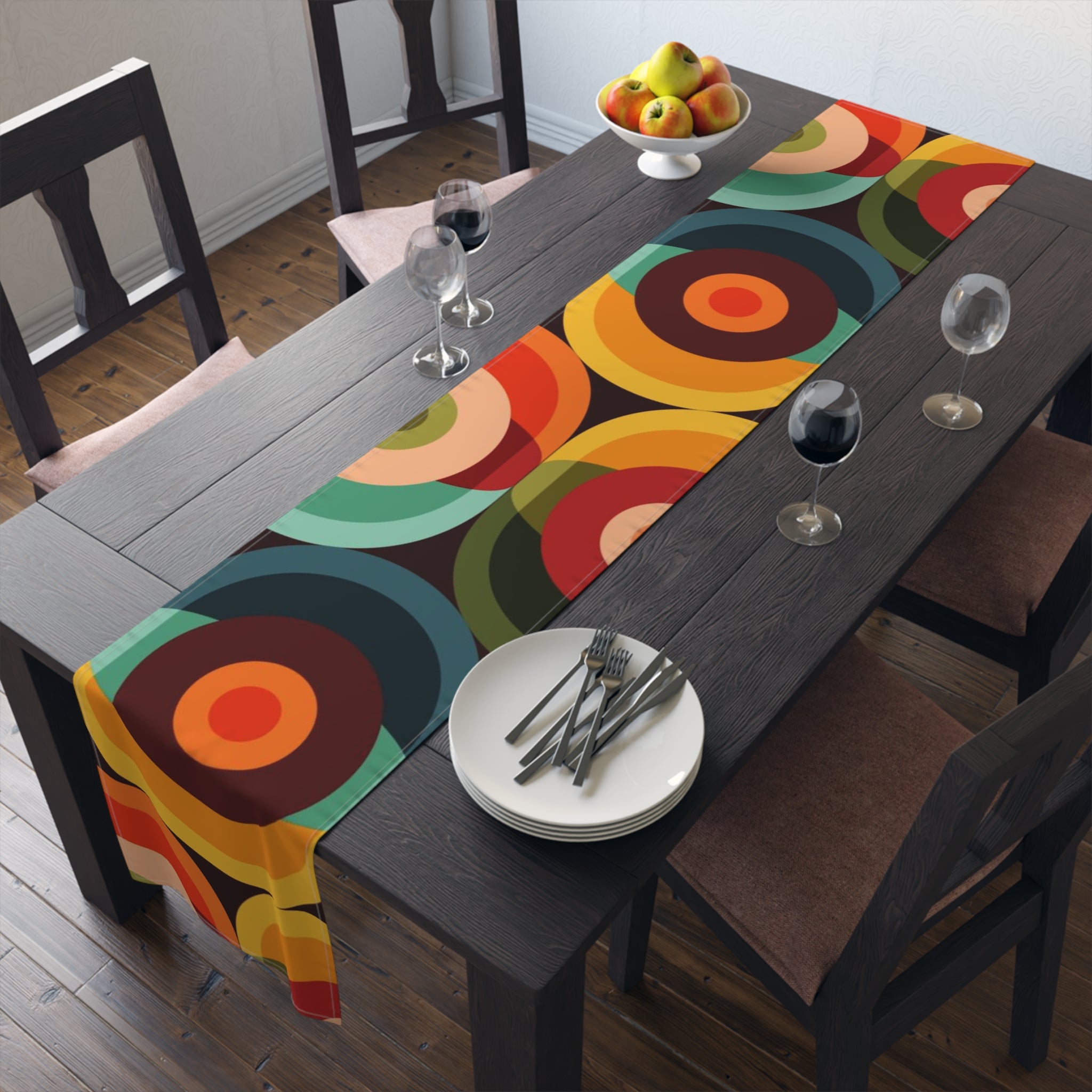 Mid Century Modern Table Runner, Groovy Orb Circles, Mustard Yellow, Burnt Orange, Trippy Hippie 70s MCM Table Runner - Mid Century Modern Gal