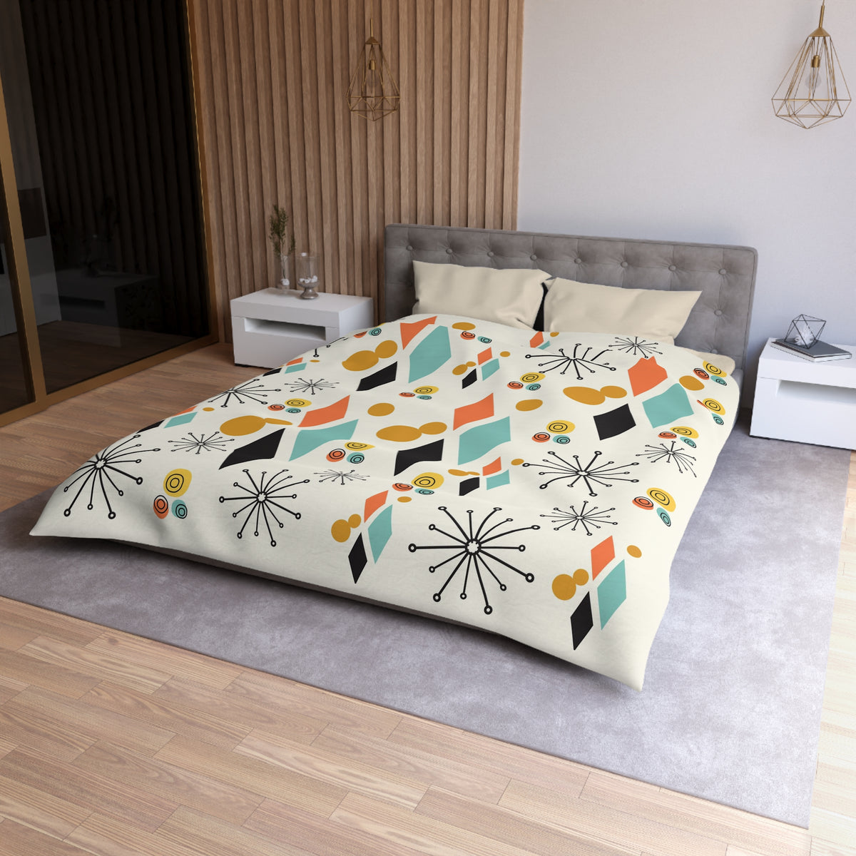 Mid Century Modern Bedding, Atomic Diamond, Sputnik,Beige, Aqua, Coral,Mustard Yellow, Retro Mod Duvet Covers - Mid Century Modern Gal