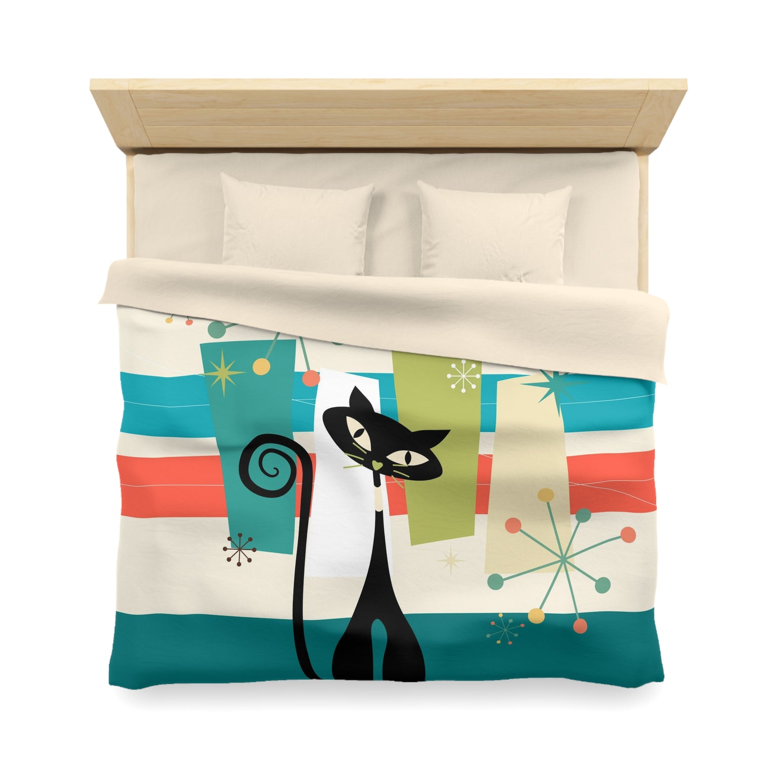 Mid Cenury Modern Atomic Cat, MCM Bedding, Starbursts,Teal, Orange,  KItschy Quirky Fun Duver Cover - Mid Century Modern Gal