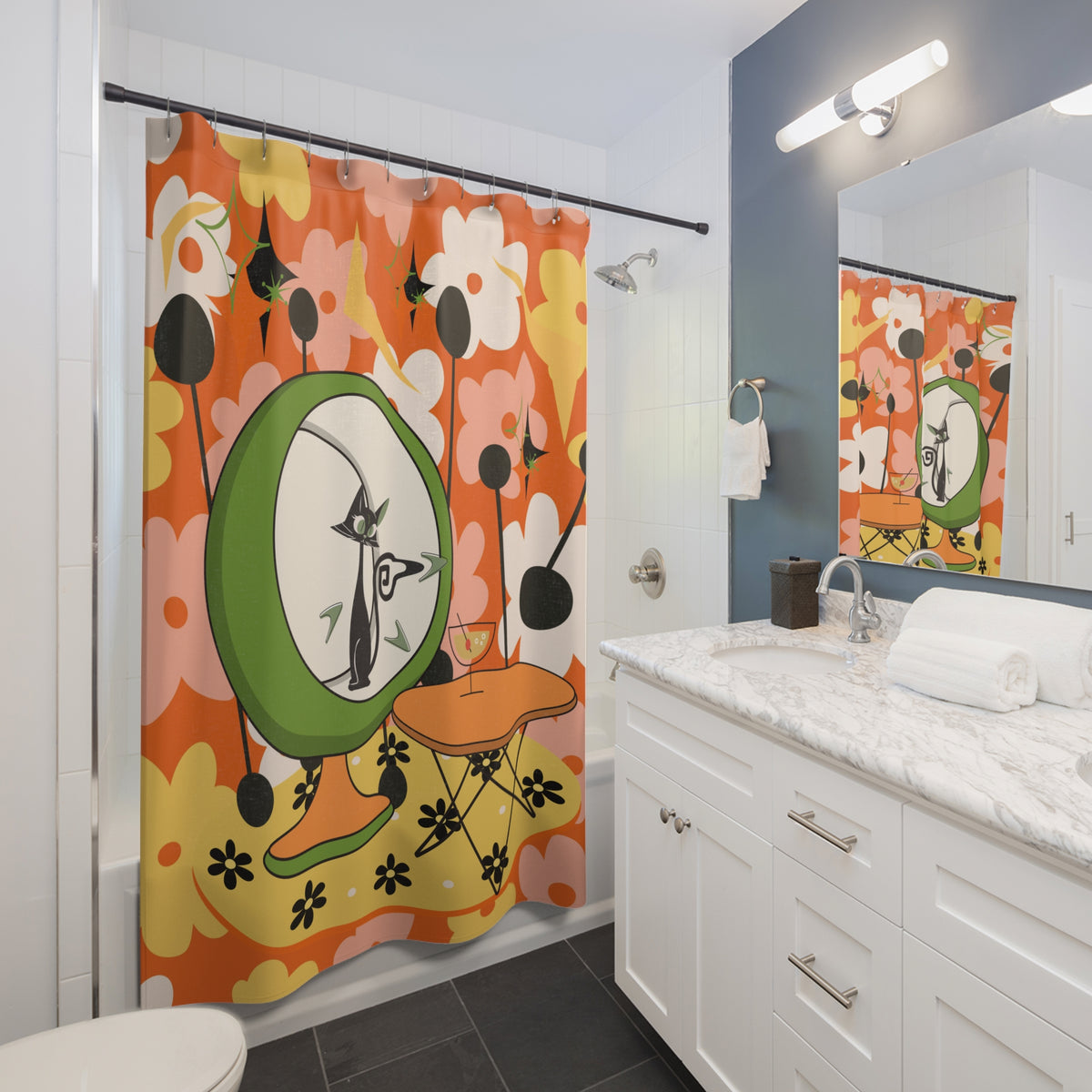 Mid-Century Modern Cat Retro Summer Vibes, Kitschy Mod Shower Curtain - Retro Floral Design - Mid Century Modern Gal