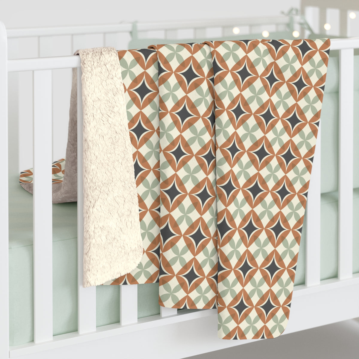 Mid Century Modern Interlocking Geometric, Terracotta Sage Charcoal Sherpa Fleece Blanket - Mid Century Modern Gal