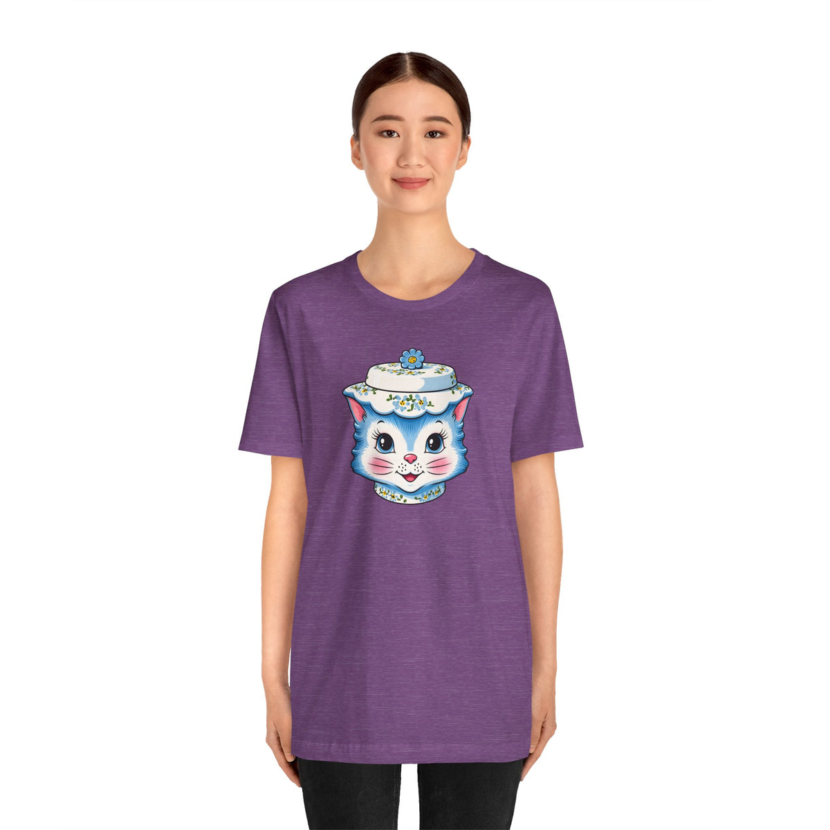 Mid Century Modern Kitschy Anthropomorphic Blue Cat with Floral Hat Unisex T-Shirt