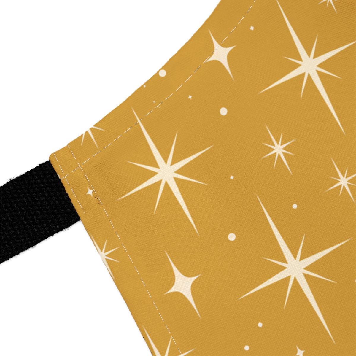 Mid Century Modern Christmas Glamour Gal Wrapping Presents by Tree, Gold Atomic Starbursts Apron