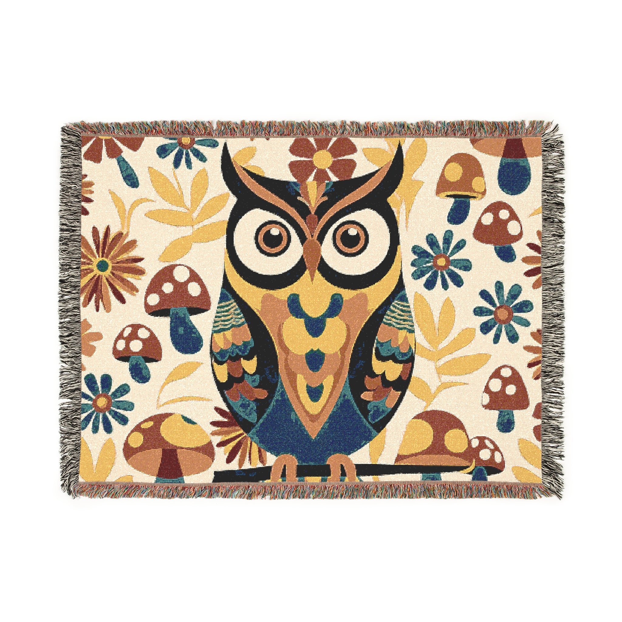 Retro Owl, Groovy 70s Mushroom Mid Mod Owl Woven Blanket - Cozy Home Decor for Nature Lovers - Mid Century Modern Gal