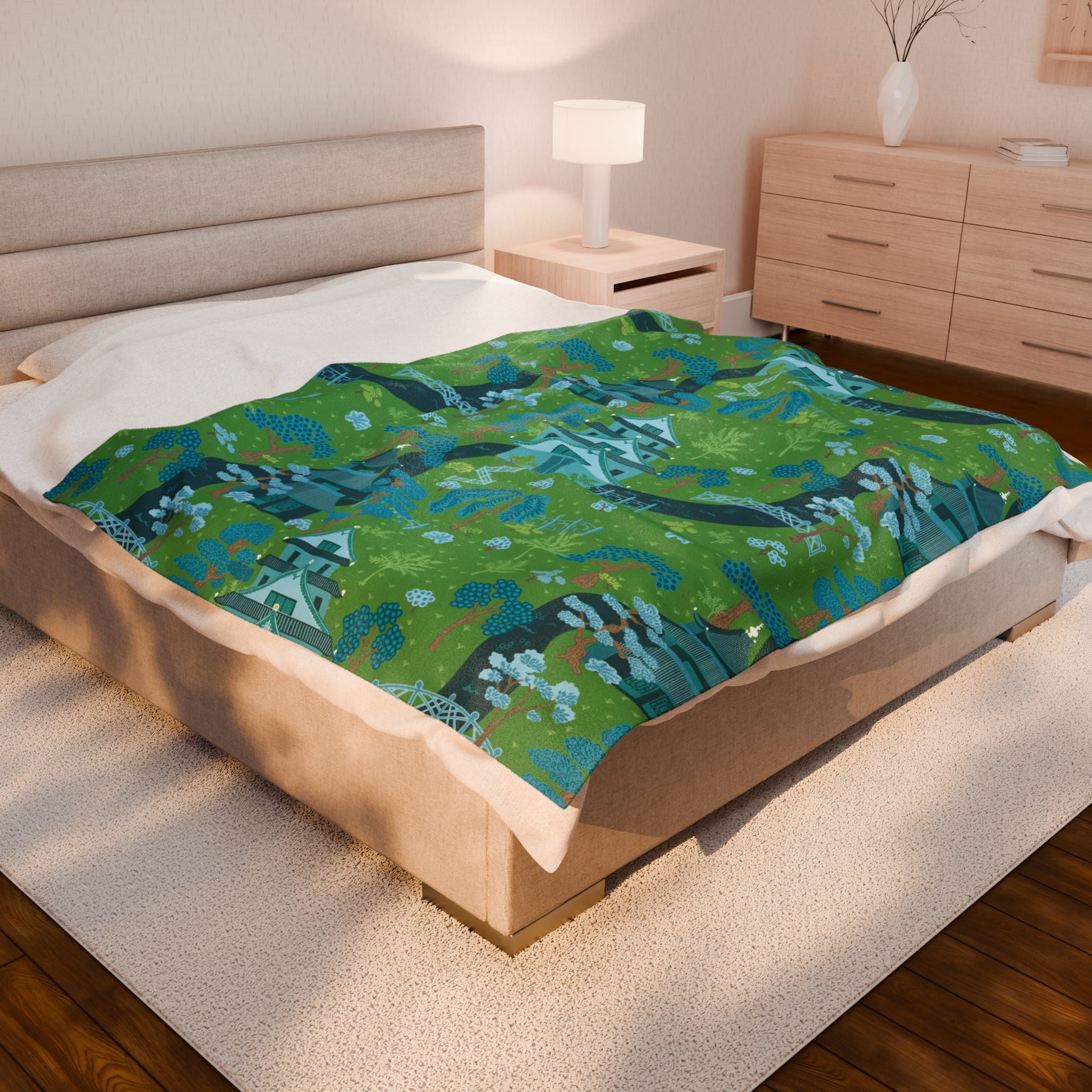 Chinoiserie Throw Blanket, Green, Blue Serene Garden Velveteen Plush Blanket - Cozy Floral Design - Mid Century Modern Gal