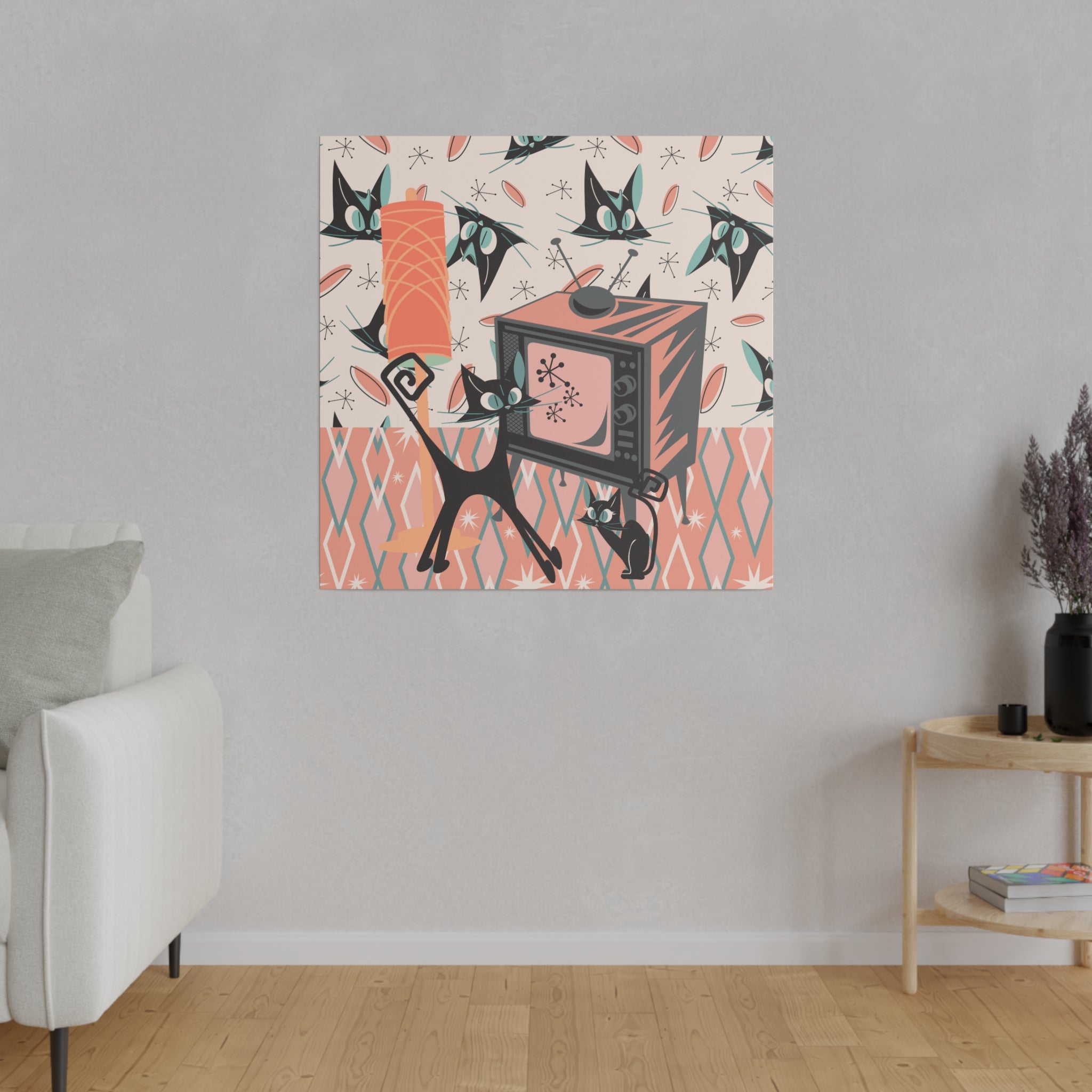 Atomic Cat Art, Quirky, Kitschy Whimsical Kittie Lover, Retro TV, Coral, Peach, Teal Blue, Mid Century Modern Wall Art - Mid Century Modern Gal