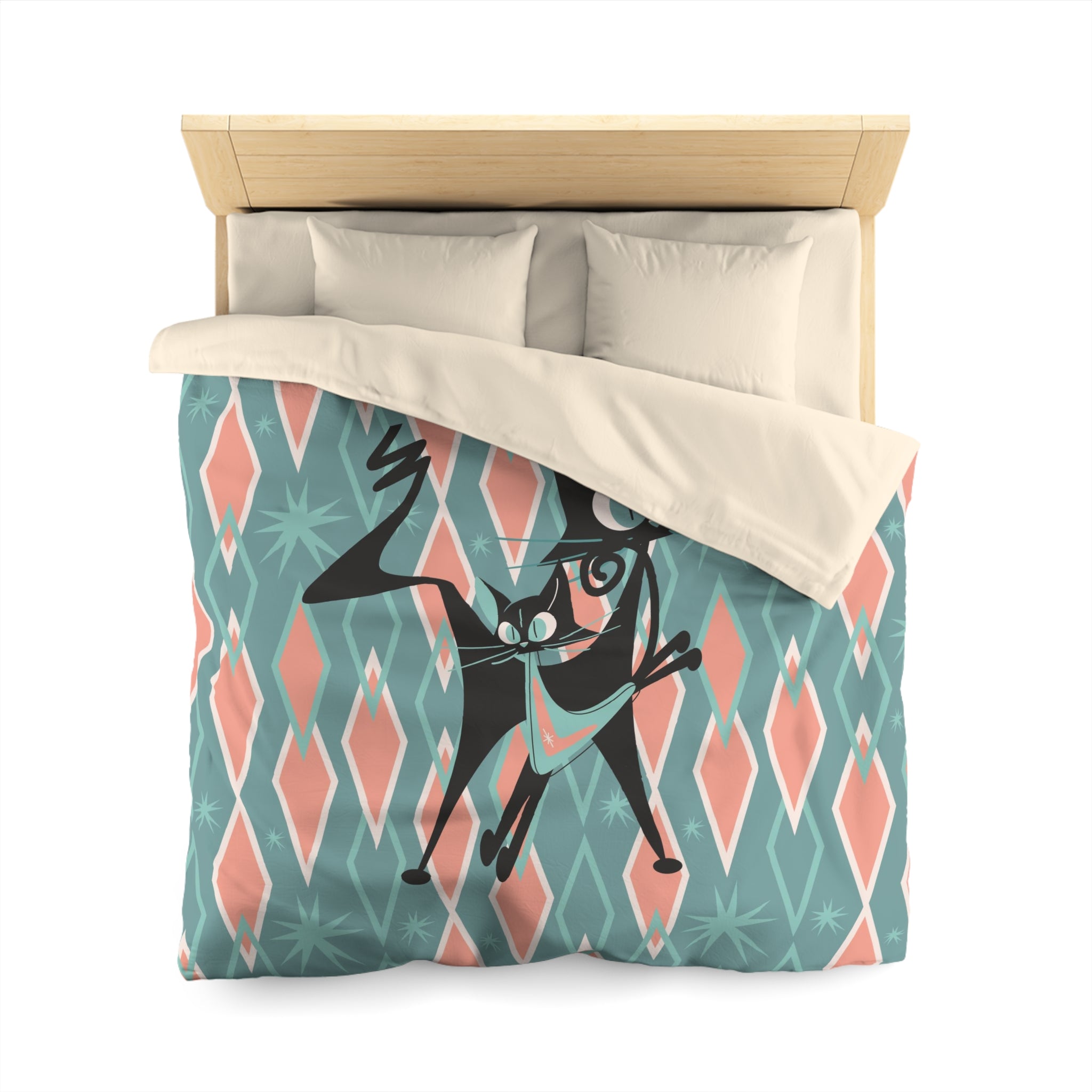 Atomic Cats Bedding, Pink, Aqua Harlequin Diamonds, Mid Century Moden Duvet Cover - Mid Century Modern Gal