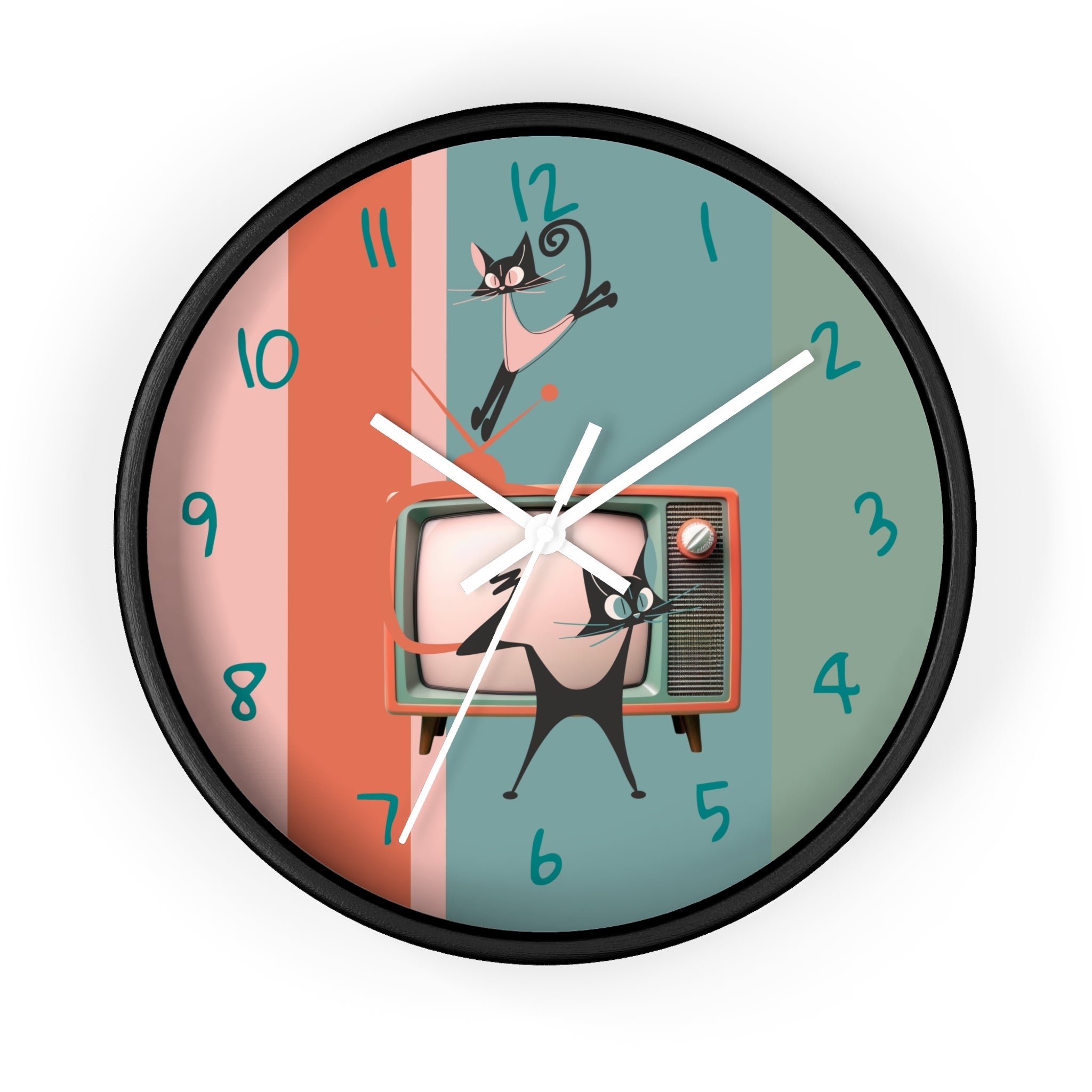 Atomic Cat Wall Clock, Mid Century Modern TV, Kitschy Black Cats, Whimsical Retro Cat Mom Gift For Bedroom, Livingroom, Kitchen - Mid Century Modern Gal