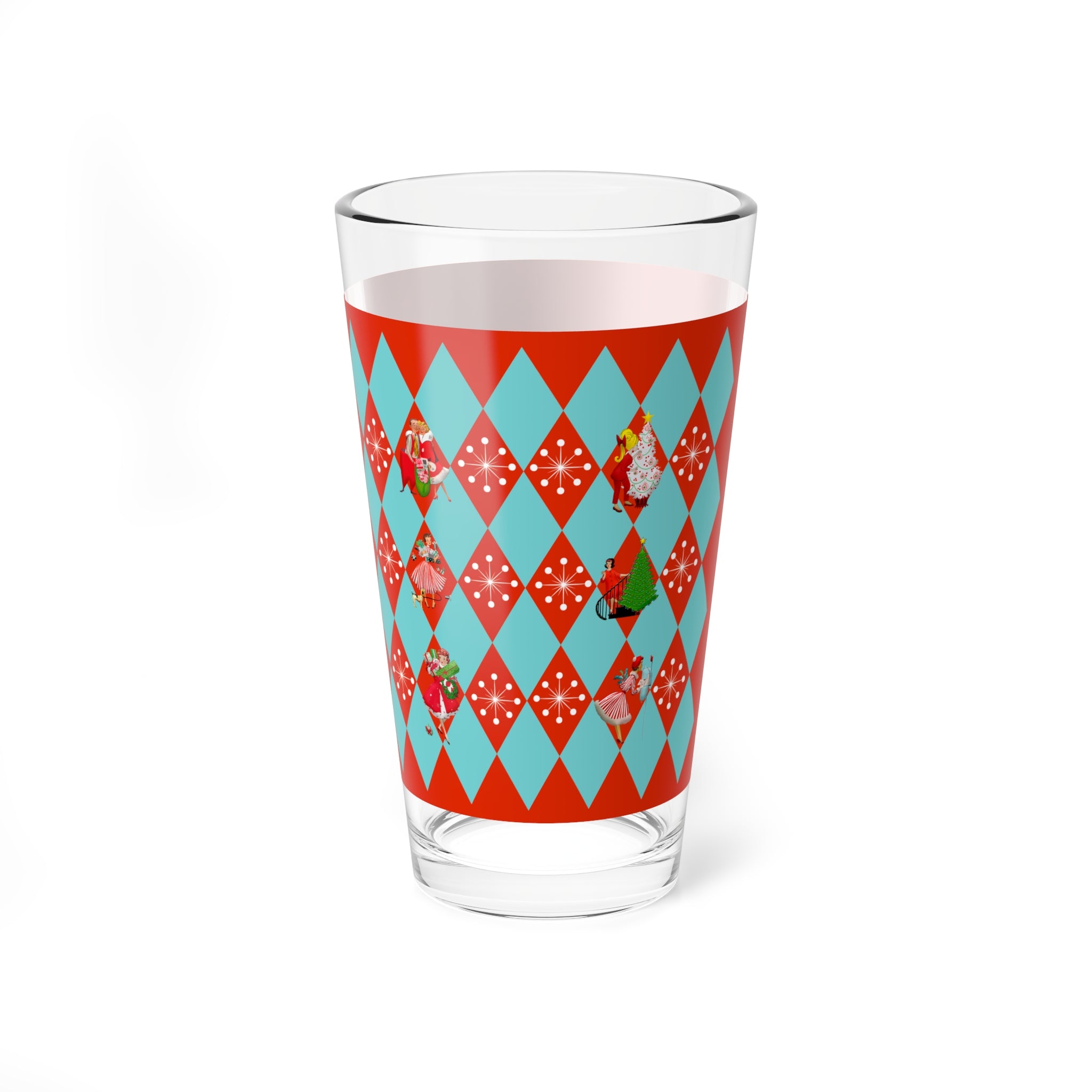 Christmas Glassware, Vintage Kitschy 50s Franciscan Diamond, Aqua Red, Holiday Tableware Mixing Glass, 16oz - Mid Century Modern Gal