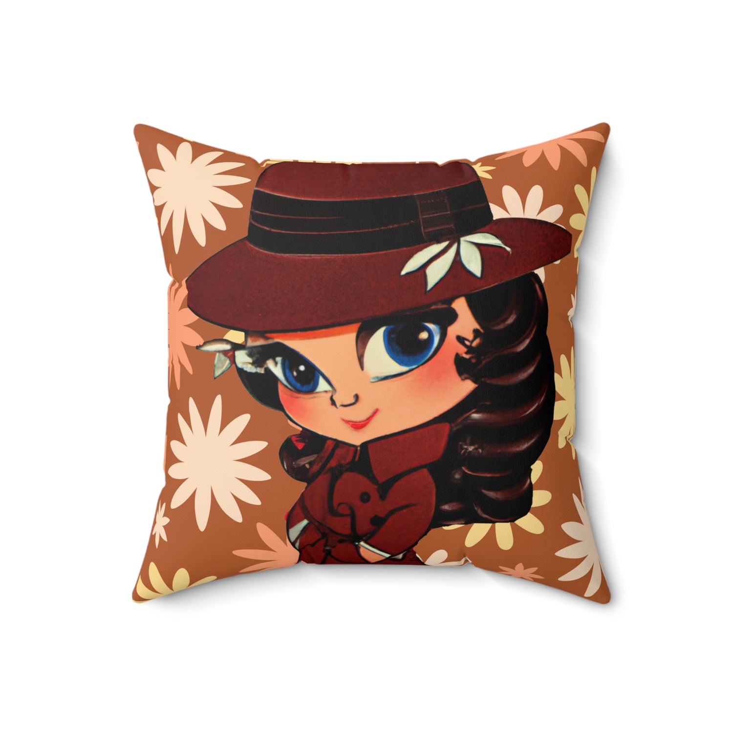 Retro Flower Power, Patti PI, Big Blue Eyes, Trendy, Hipster, Hippie Soul Brown, Golden,  Pillow And Cover - Mid Century Modern Gal