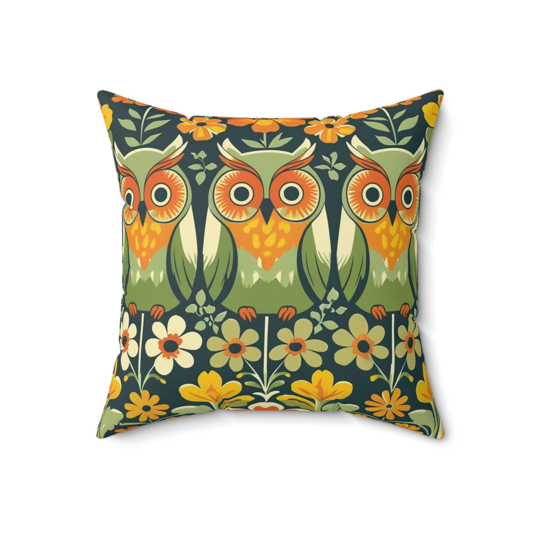Retro Owl Flower Power Groovy 70s Floral Green, Orange Fall Pillow And Insert - Mid Century Modern Gal