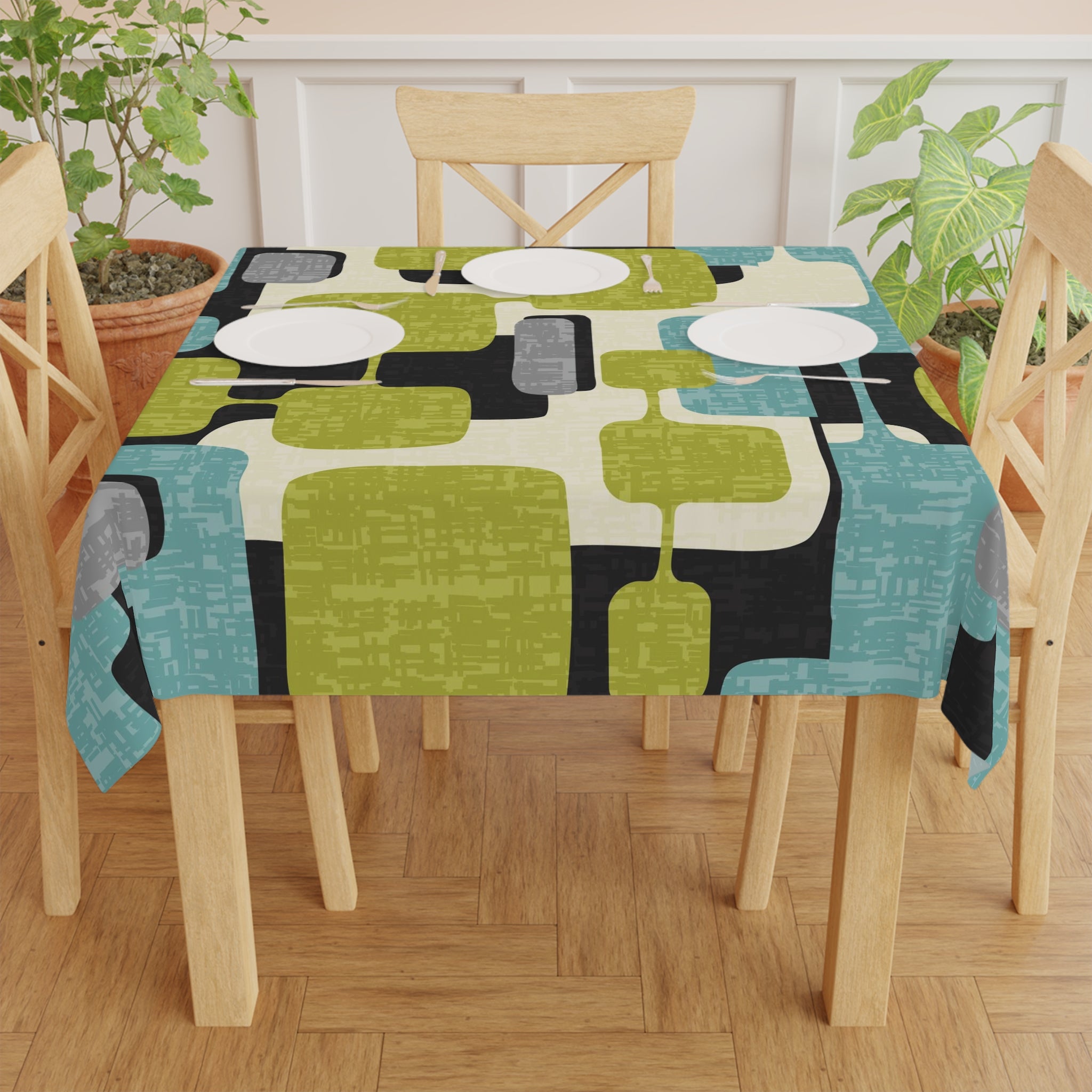 Mid Century Modern Geometric Green, Aqua Gray, Black, MCM Tablecloth - Mid Century Modern Gal