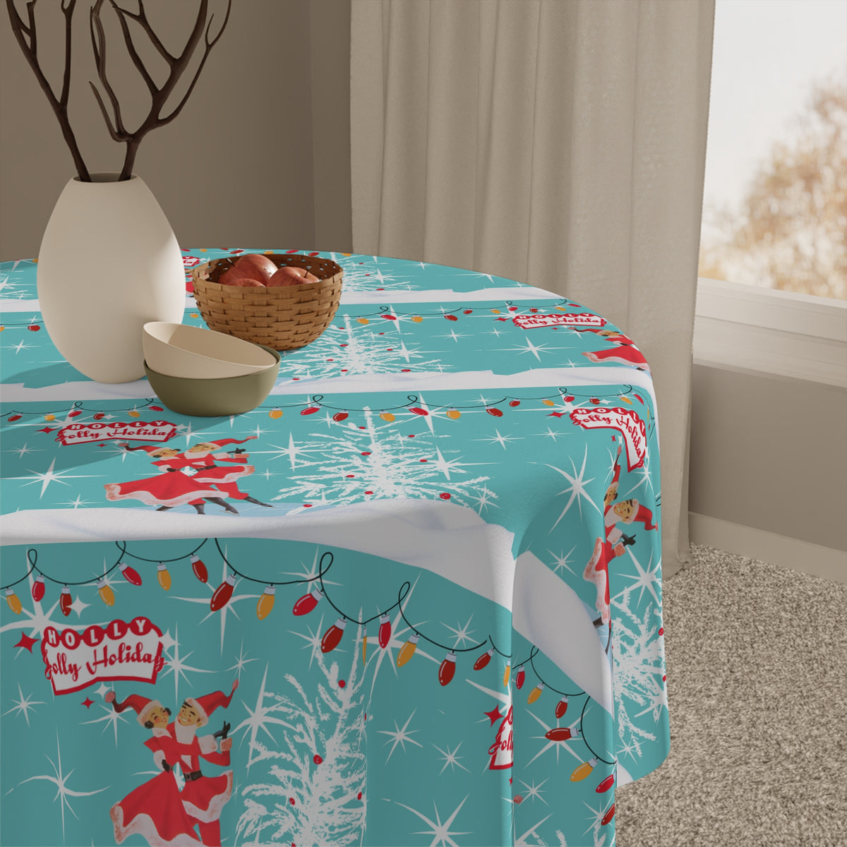 50s Mod Kitschy Couple Retro Christmas Aqua Red, Holiday Tablecloth - Mid Century Modern Gal
