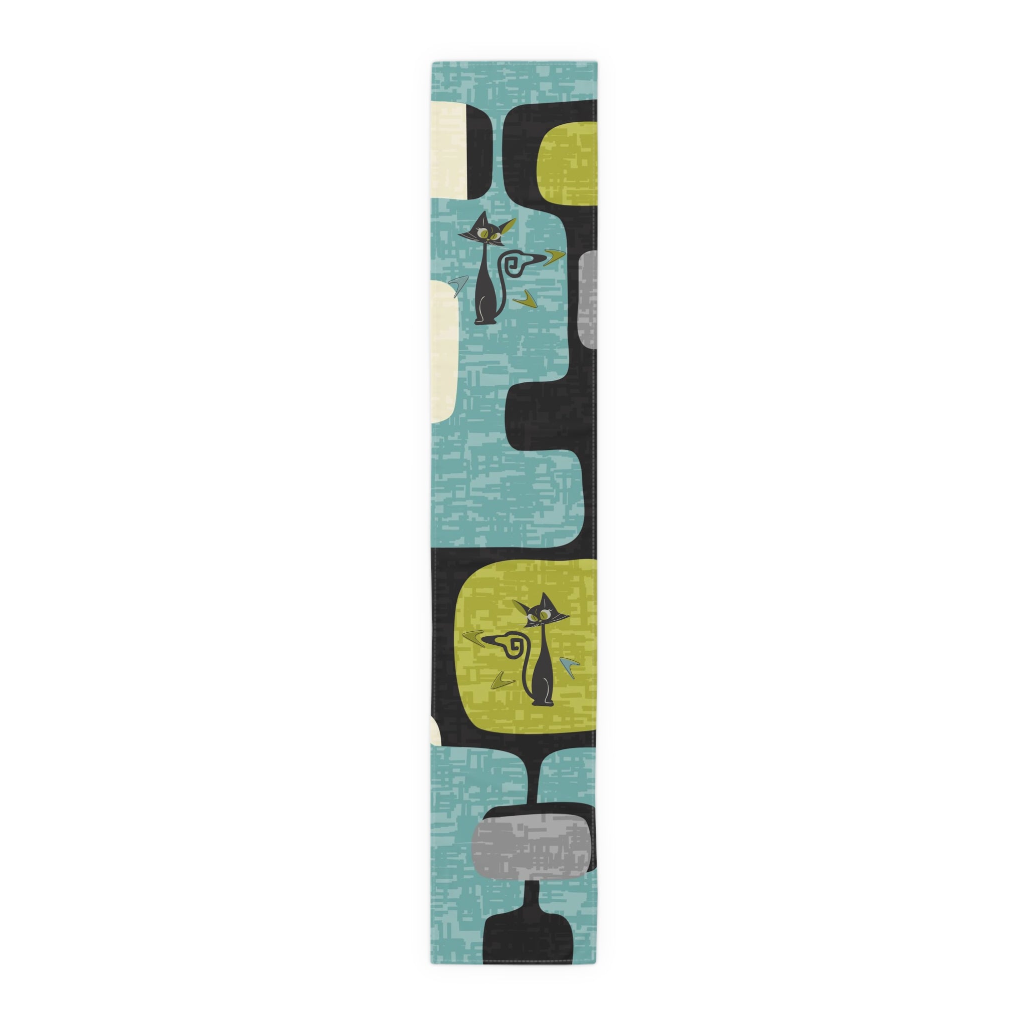 Mid Century Modern Table Runner, Atomic Kitties, Black Cats, Boomerangs Geometric Designed, Aqua, Green, Blue, Black, MCM Table Runner - Mid Century Modern Gal