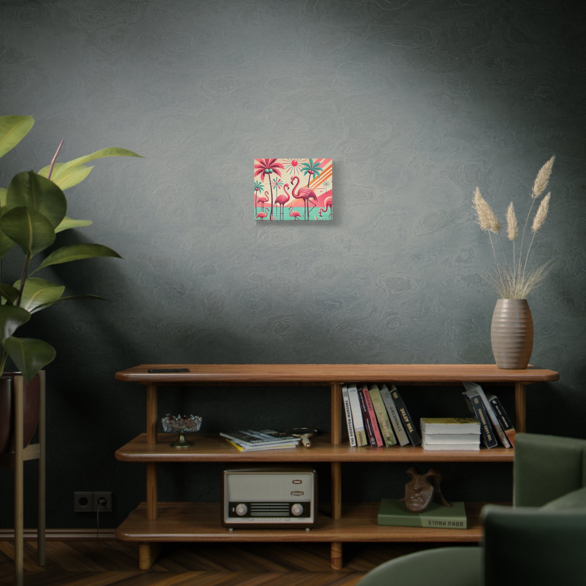 1950s Mid Century Modern Flamingo Art, Kitschy Pink, Teal, MCM Matte Canvas - Mid Century Modern Gal