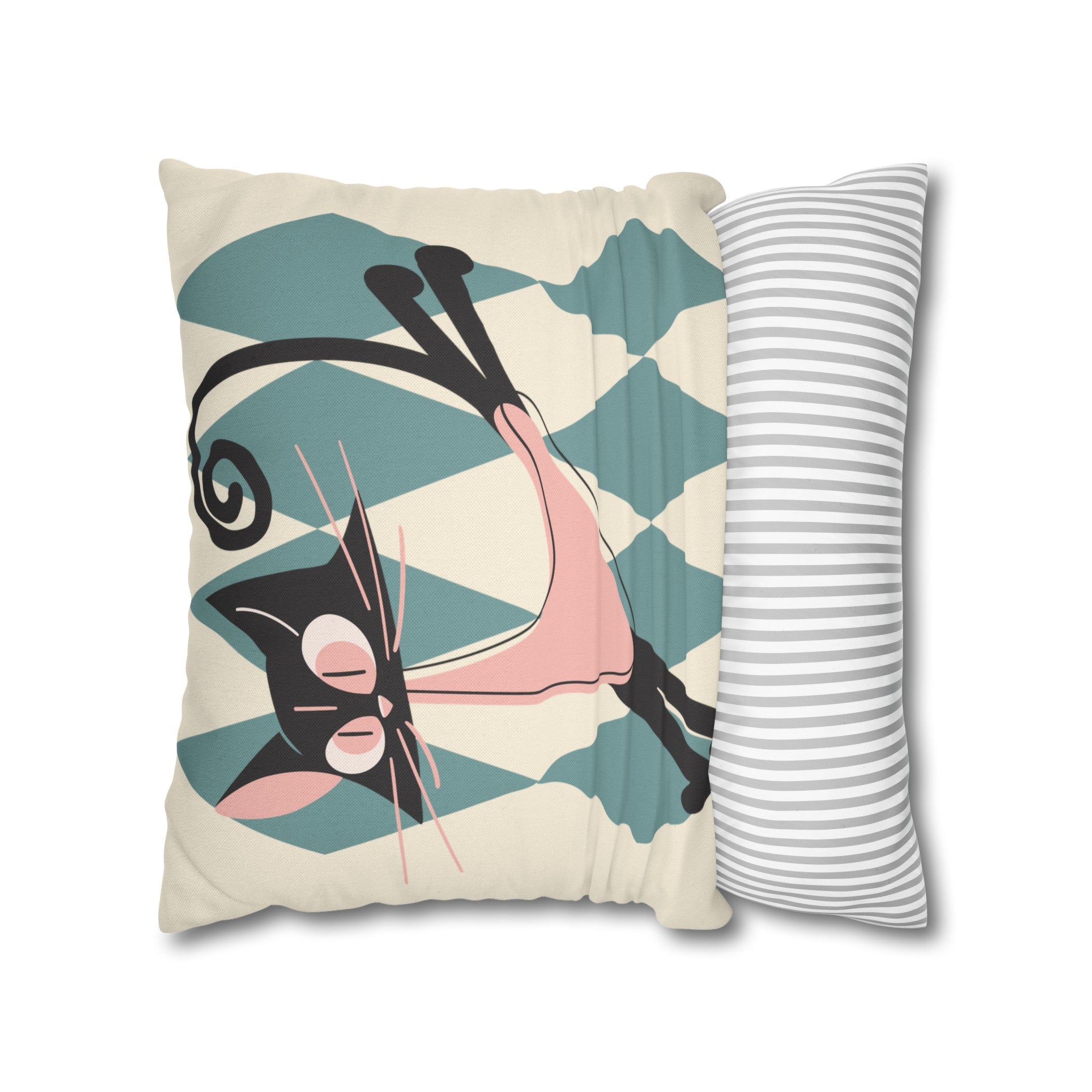 Atomic Kittie, Boomerang Mid Mod Atomic Cat, Harlequin Diamond Kitschy Pillow Cover - Mid Century Modern Gal