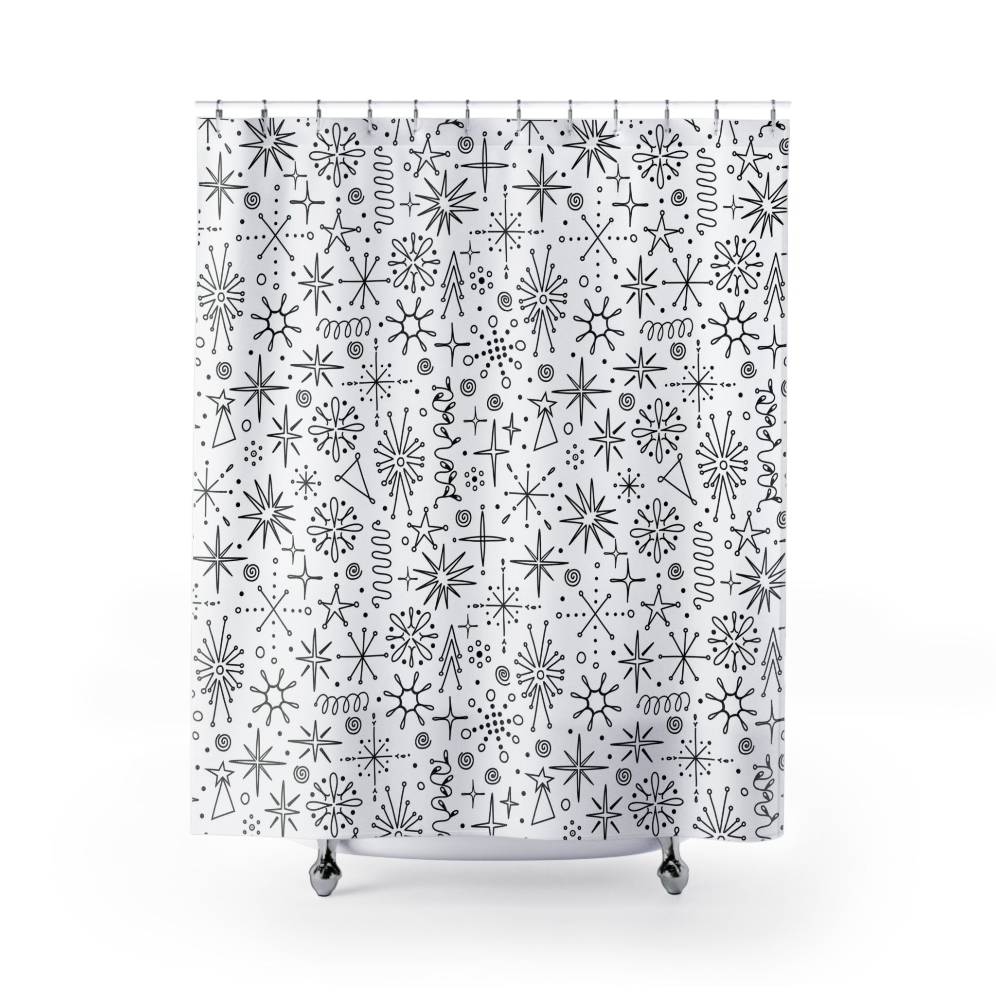 Atomic Space Doodle Art Retro Mod Shower, Black And White Shower Curtain - Mid Century Modern Gal