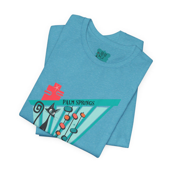 Palm Springs Cali Atomic Cat Modernism, Atomic Cat Retro Inspired Unisex Jersey Tee - 'Where Mod Meets Mad Fun!'