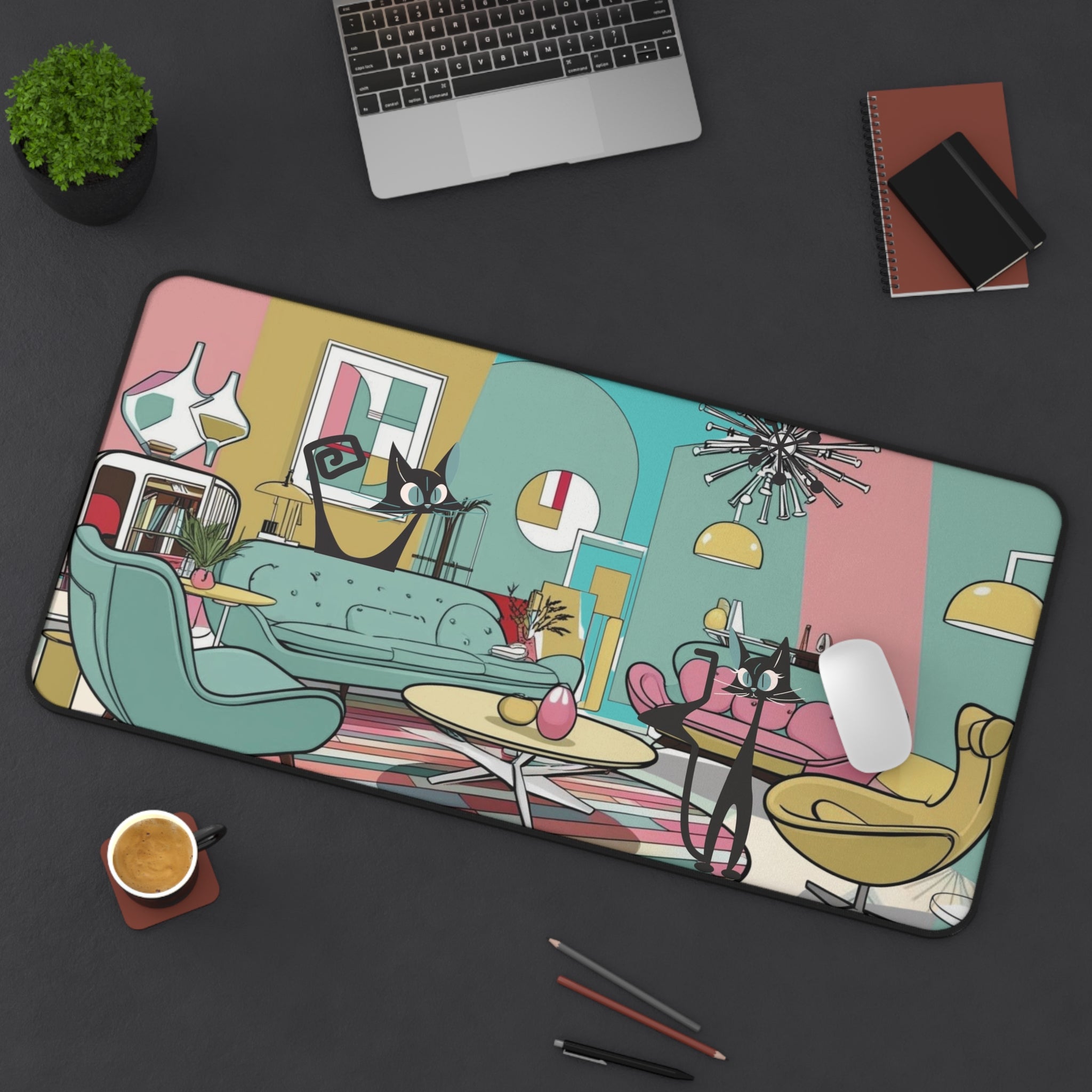 Mid-Century Modern Atomic Kitschy Cats Desk Mat - Stylish Home Office Decor - Mid Century Modern Gal