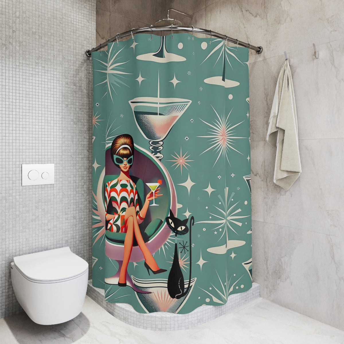 Retro Mod Gal 60s Glamour Shower Curtain with Cocktail Design - Mid Century Modern Gal