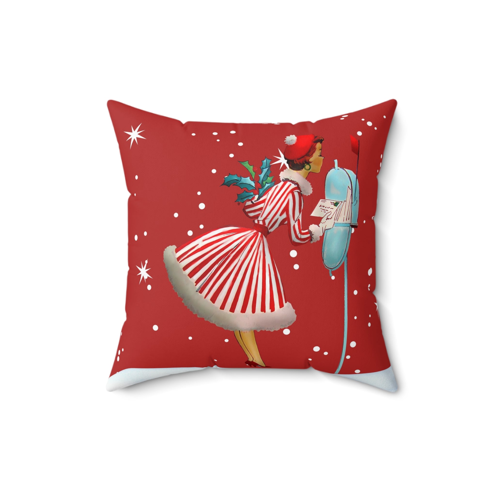 Vintage Christmas Decorative Pillow - Holiday Red with Retro Woman and Snowflakes - Mid Century Modern Gal