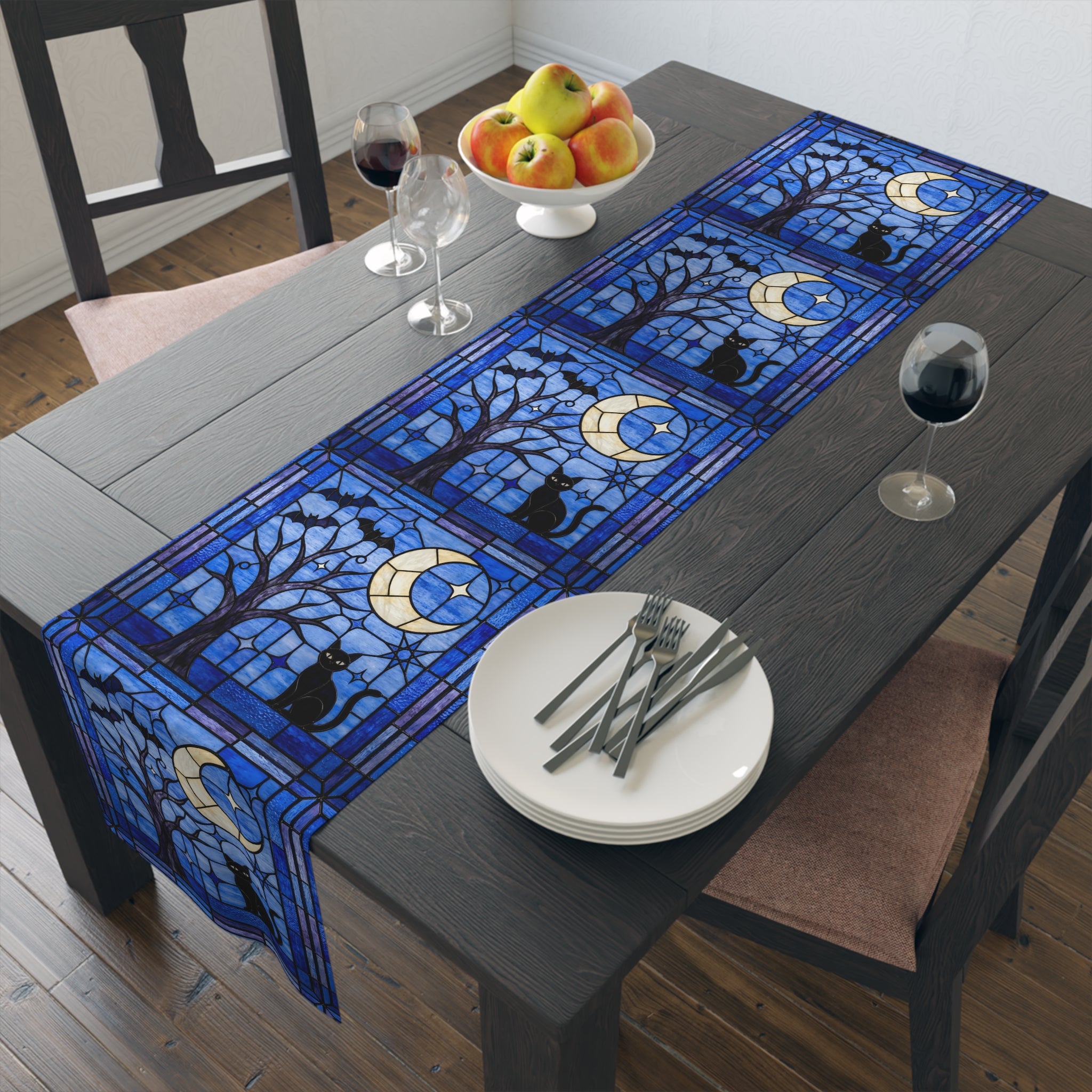 Halloween Stained Glass Style Night Sky Black Cat Table Runner