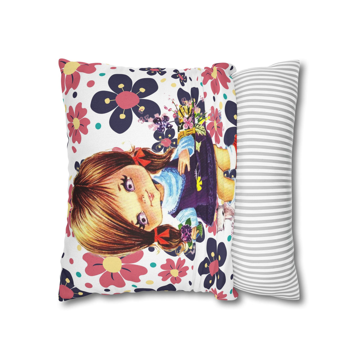 Vintage 60's Big Eyed Cute Girl, Violets, Flower Power, Groovy Hippie Vibes, Pillow COVER Only - Mid Century Modern Gal