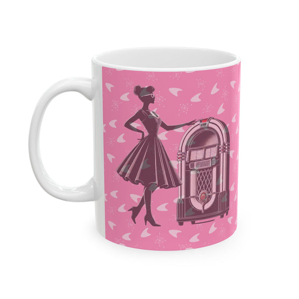 Vintage Retro Jukebox Ceramic Mug, Nostalgic Coffee Cup for Music Lovers, Gifts for Her, Housewarming, Birthday, Pink Design