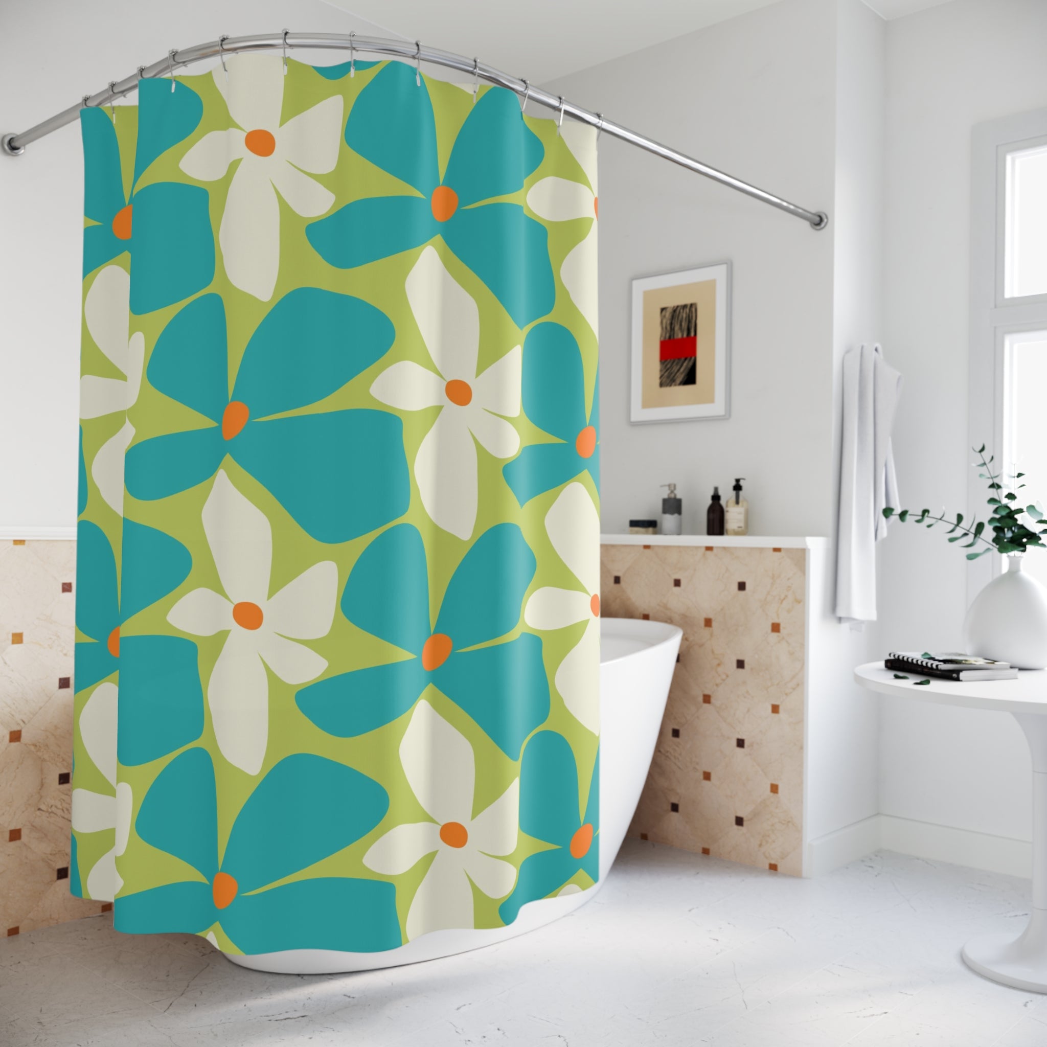 Retro Floral Vibrant Floral Shower Curtain - Brighten Your Bathroom Decor - Mid Century Modern Gal