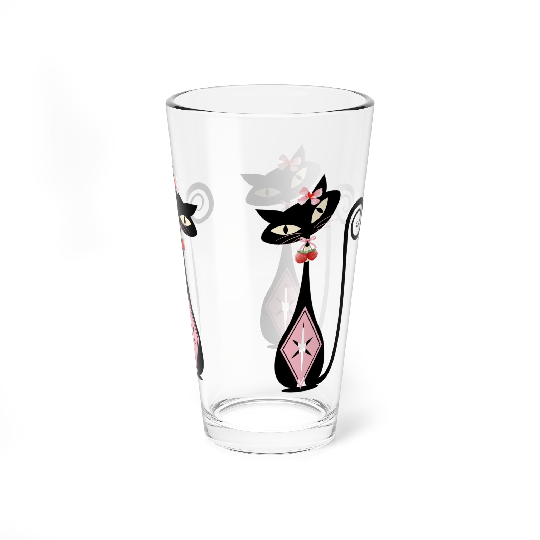 Atomic Cat, Strawberry Love Whimsical Cat Mixing Glass - Perfect for Cat Lovers & Entertaining - Mid Century Modern Gal