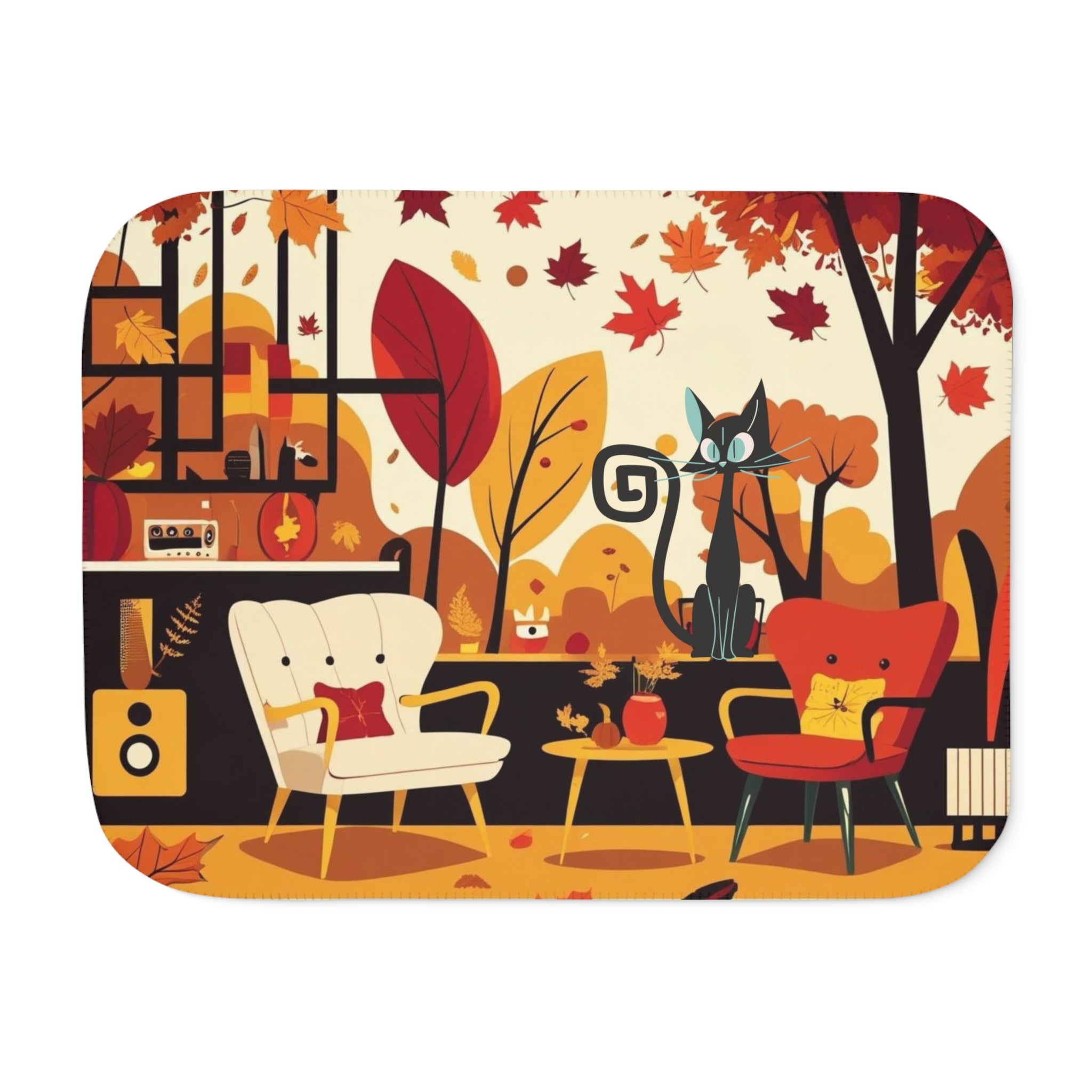 Scandinavian Fall Halloween Atomic Cat Cozy Seasonal Sherpa Blanket - Mid Century Modern Gal