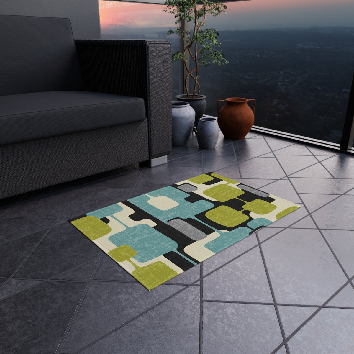Mid Century Modern Geometric Indoor, Outdoor Area Rug, Lime Green, Aqua Blue, Black - Mid Century Modern Gal