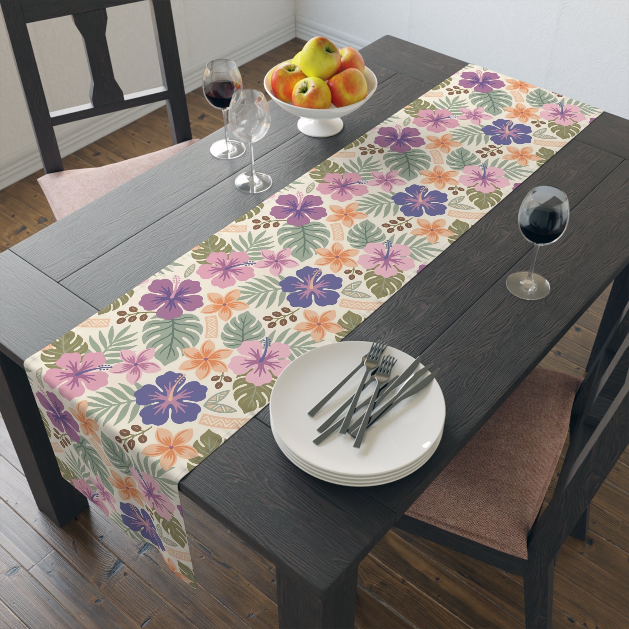 Retro Tropical Tiki Summer, Hawaiian Hibiscus Purple Table Runner