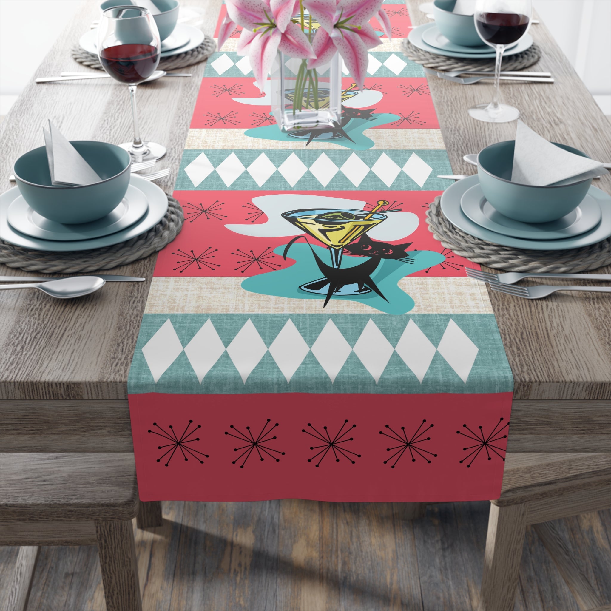 Atomic Martini Cat, Mid Mod Coral, Aqua, Starbursts Mid Century Modern Barware Table Runner - Mid Century Modern Gal