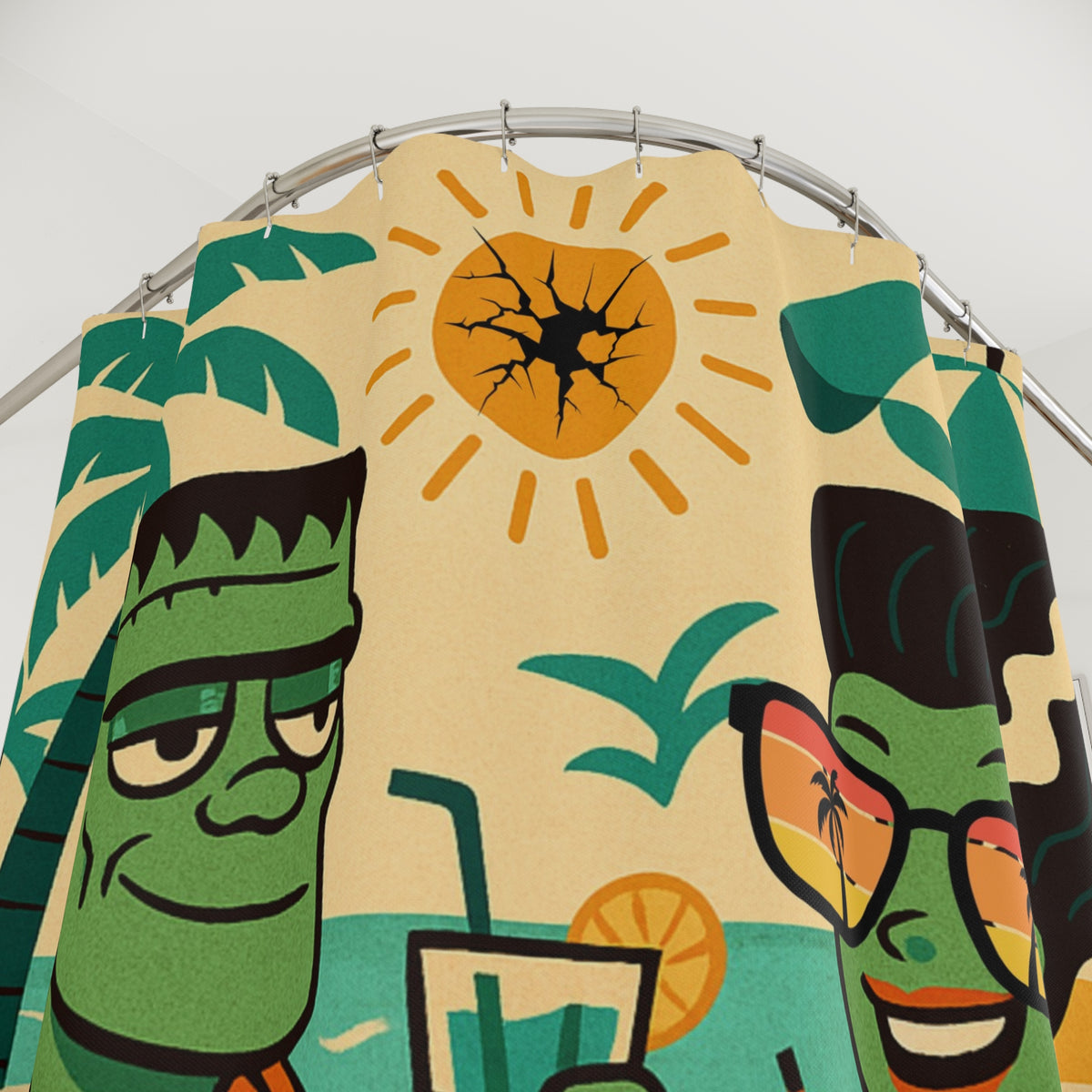 Retro Frankenstein And Bride, Kitschy Mod Monster Shower Curtain - Fun Tropical Design with Vintage Vibe - Mid Century Modern Gal