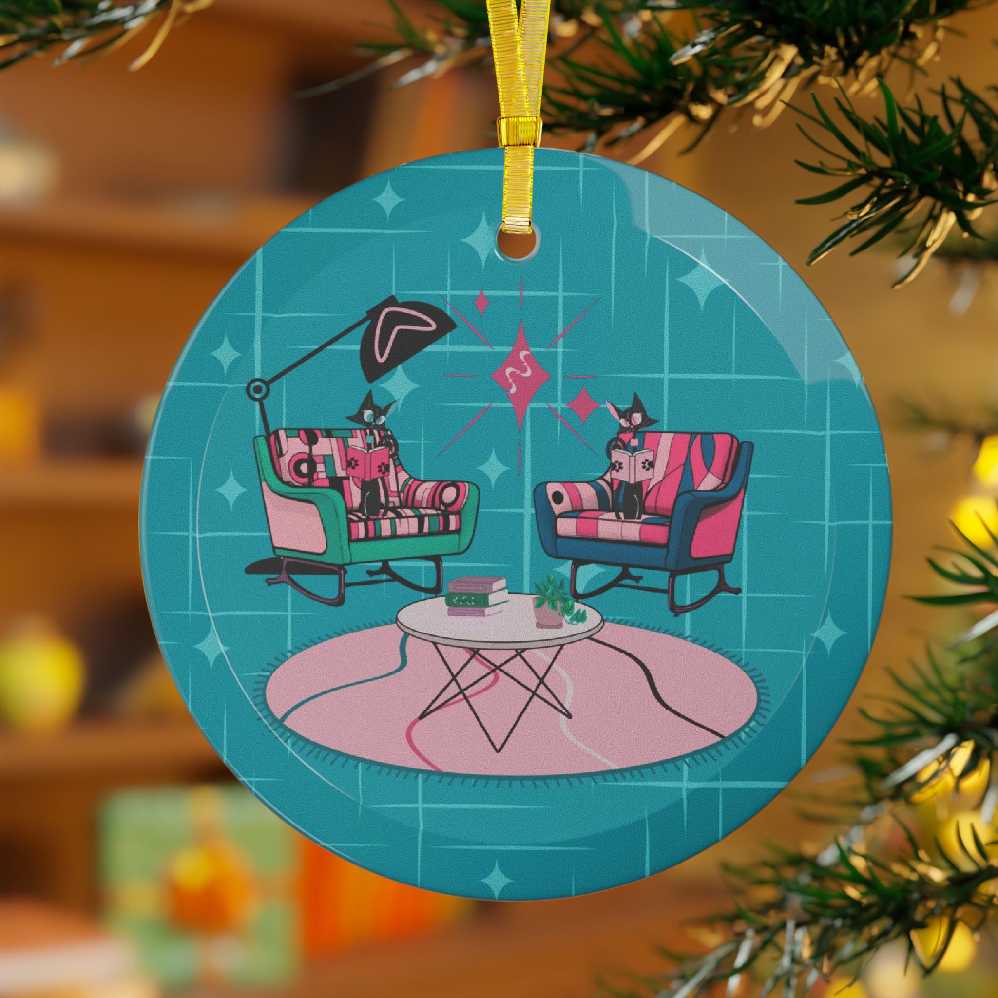 Cats Reading Kitschy Mod Atomic Retro Modern Glass Ornament - Mid Century Modern Gal