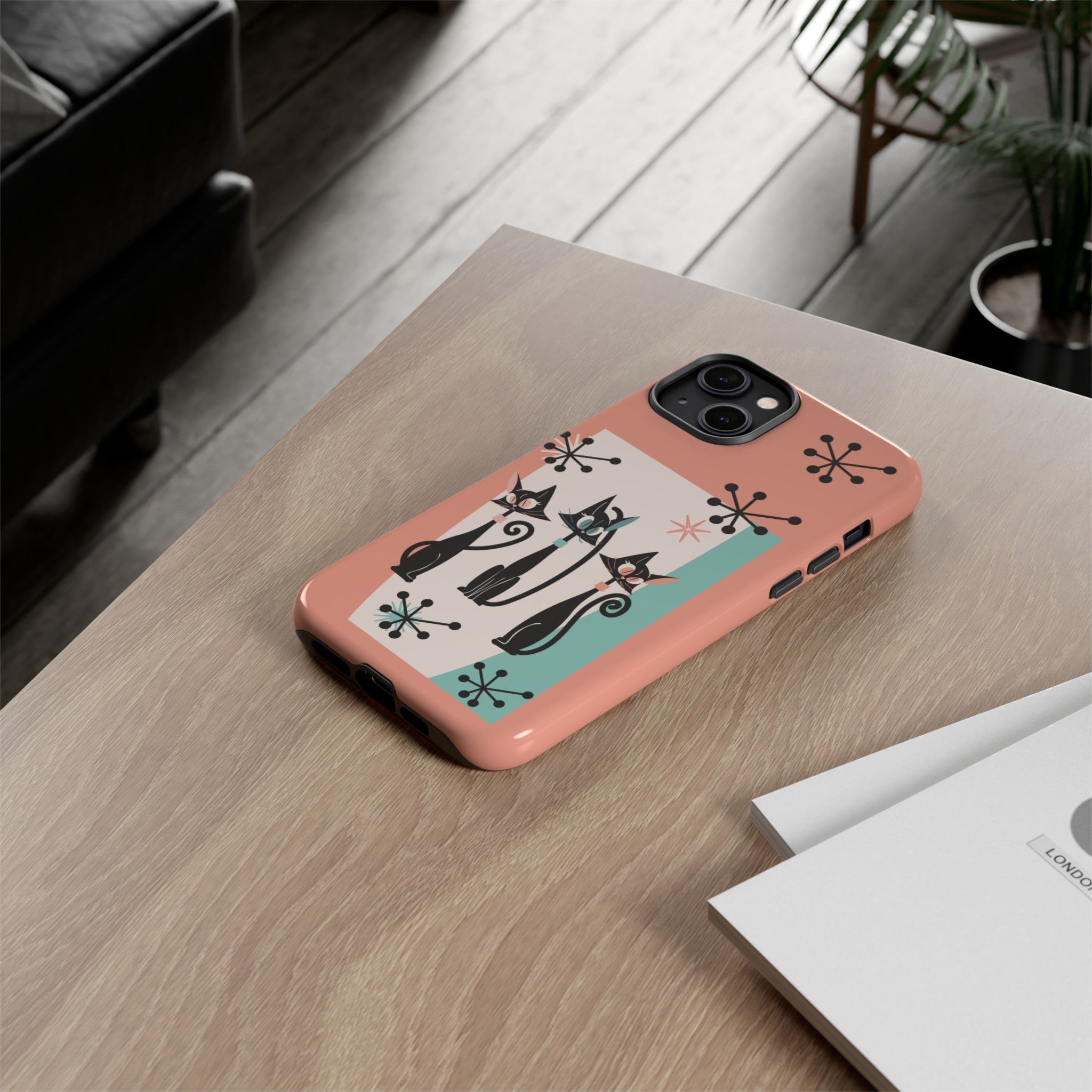 Atomic Cat Mid Mod Coral Aqua Blue Starburst Kitschy Fun Chic Samsung, Smart Phones Tough Cases - Mid Century Modern Gal