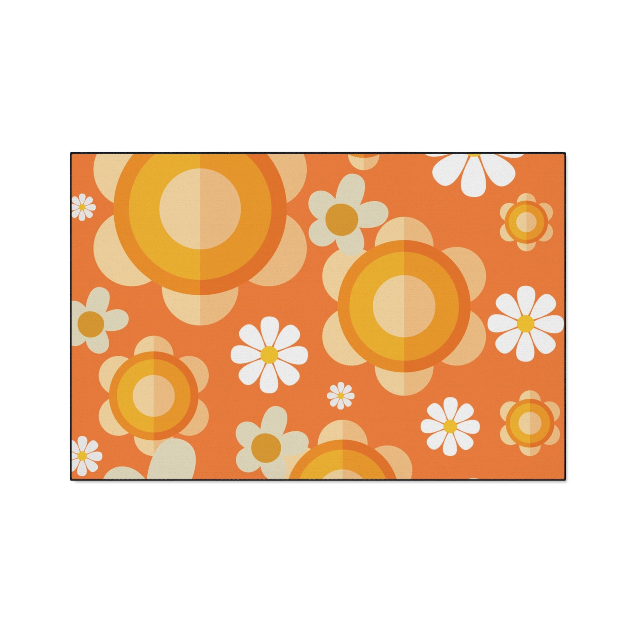 Retro Floral Orange, White Mod Daisy Heavy Duty Floor Mat - Ideal for Home Décor and Entryways - Mid Century Modern Gal