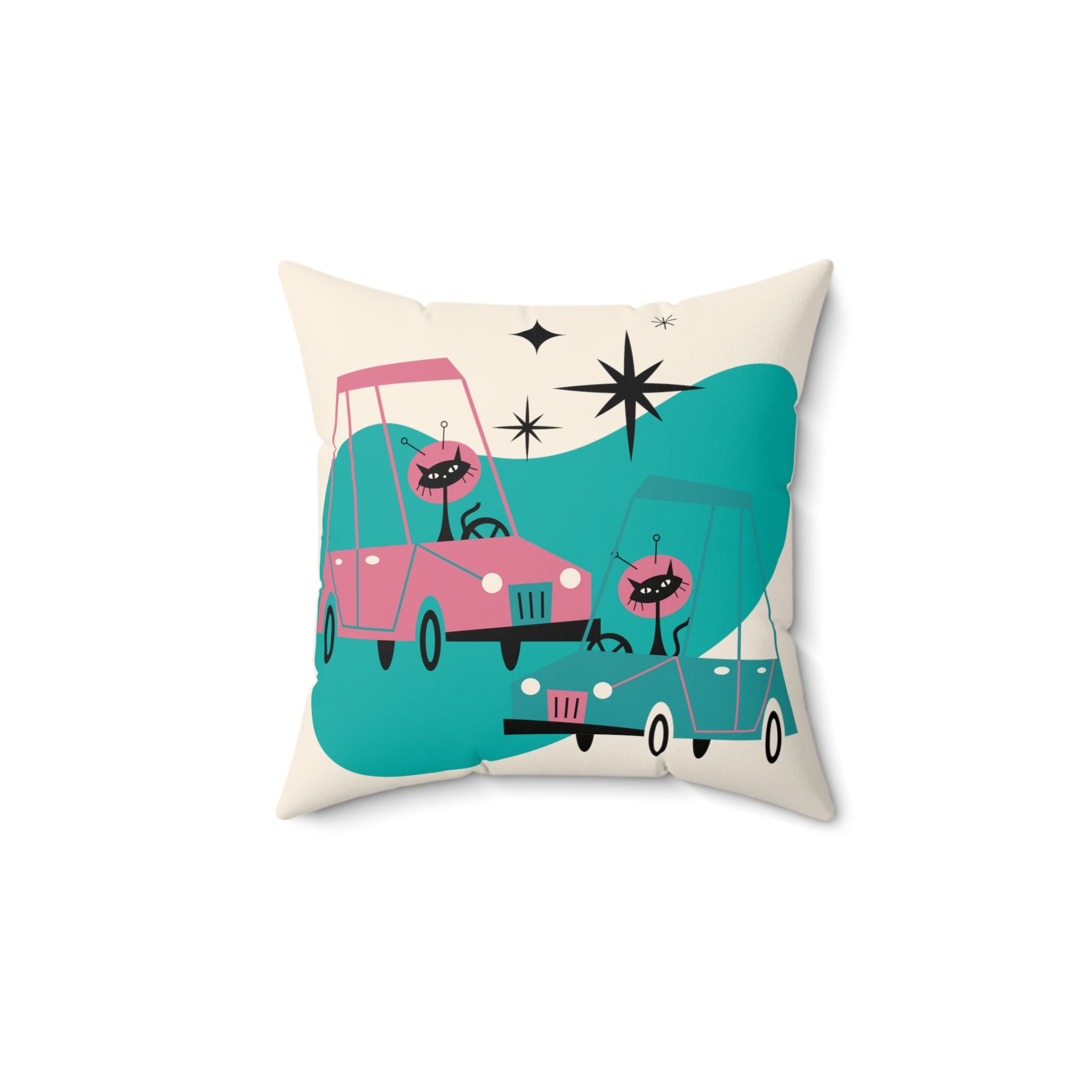 Atomic Space Cats, Beep Beep, Retro Cars, Space Kitties, Kitschy Fun Quirky Throw Pillow With Insert - Mid Century Modern Gal