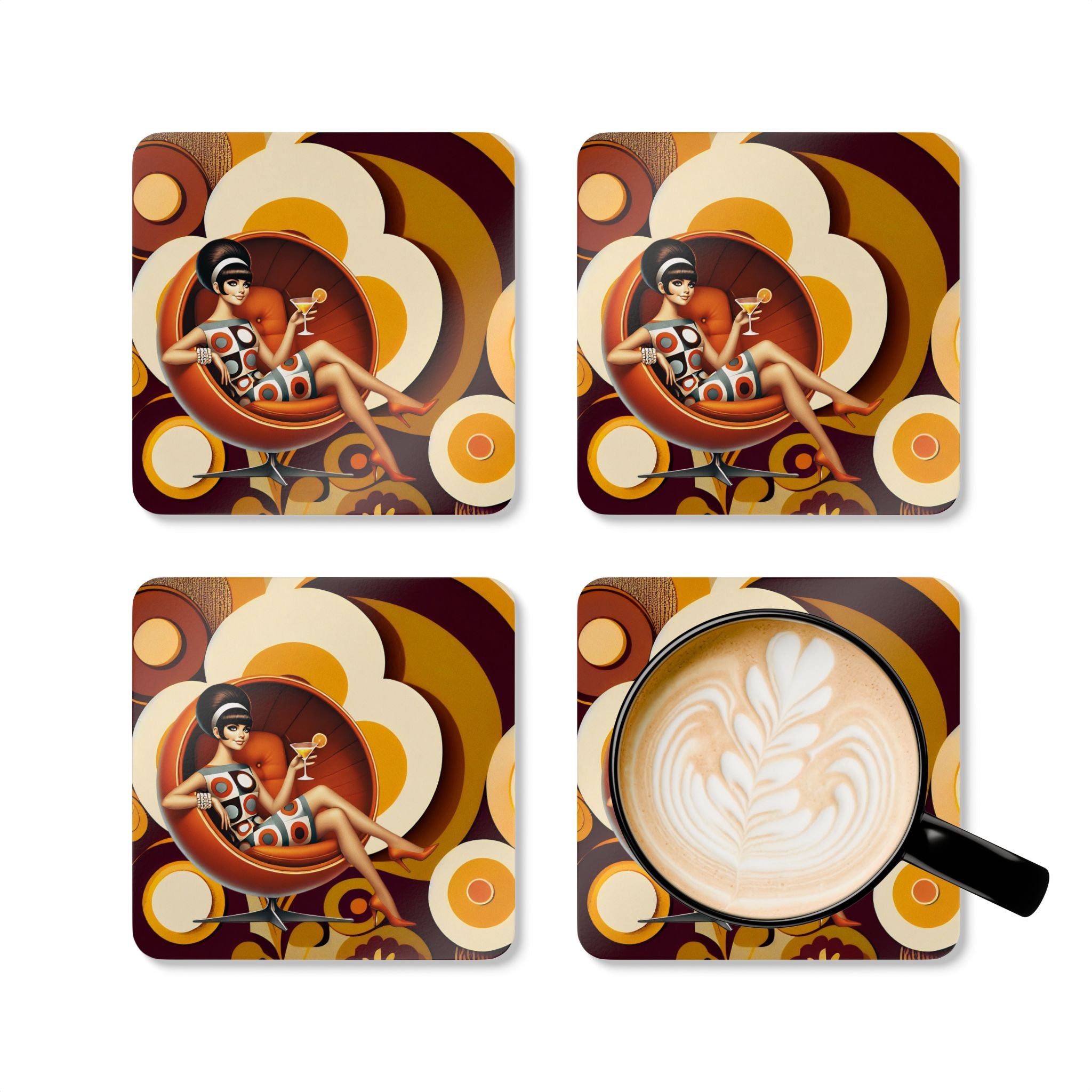 Groovy Mod 60s Gal, Flower Power Table Bar Coasters - Mid Century Modern Gal