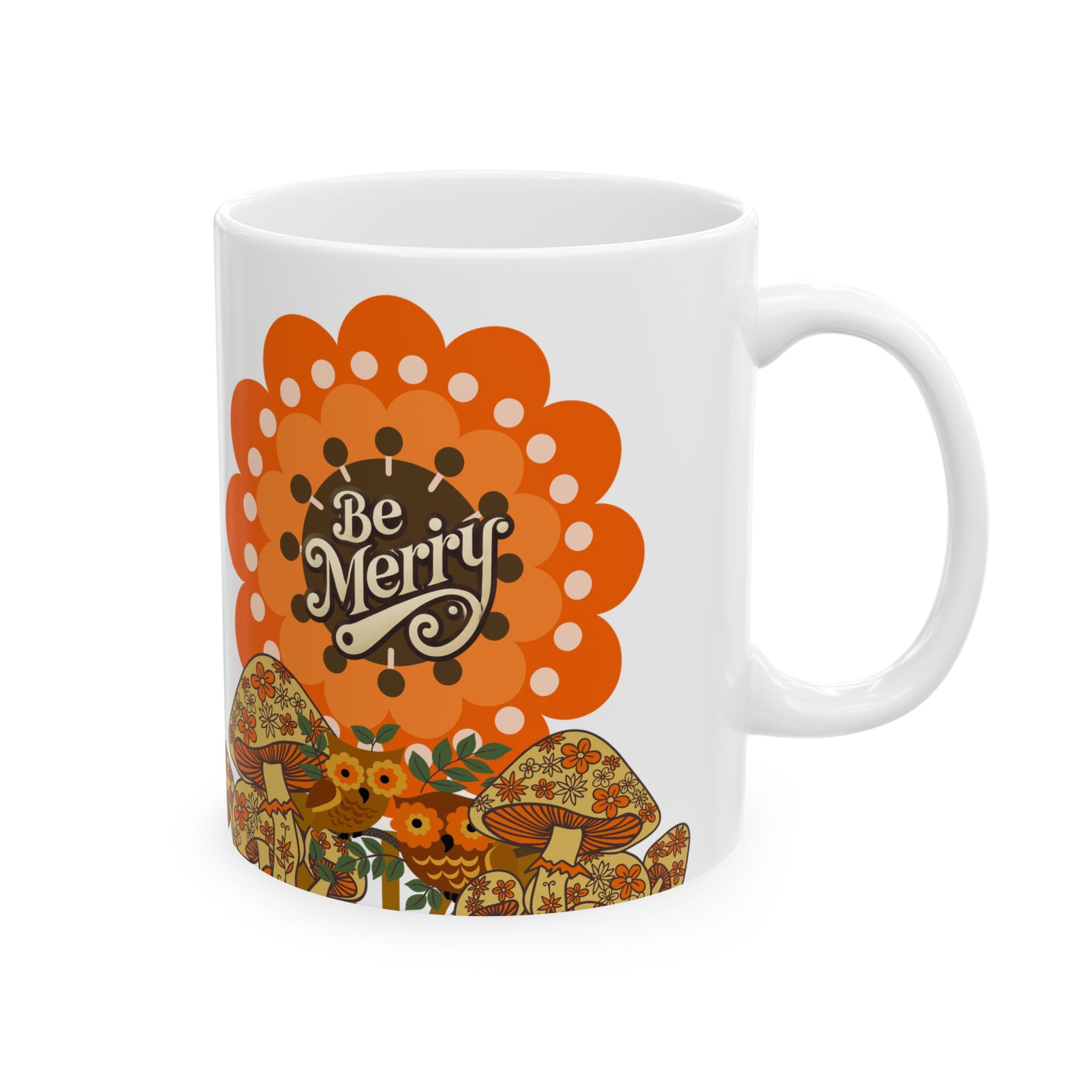 Sears Merry Mushroom, Be Merry 70s Flower Power Groovy Gal Whimsical Floral Ceramic Mug - Mid Century Modern Gal