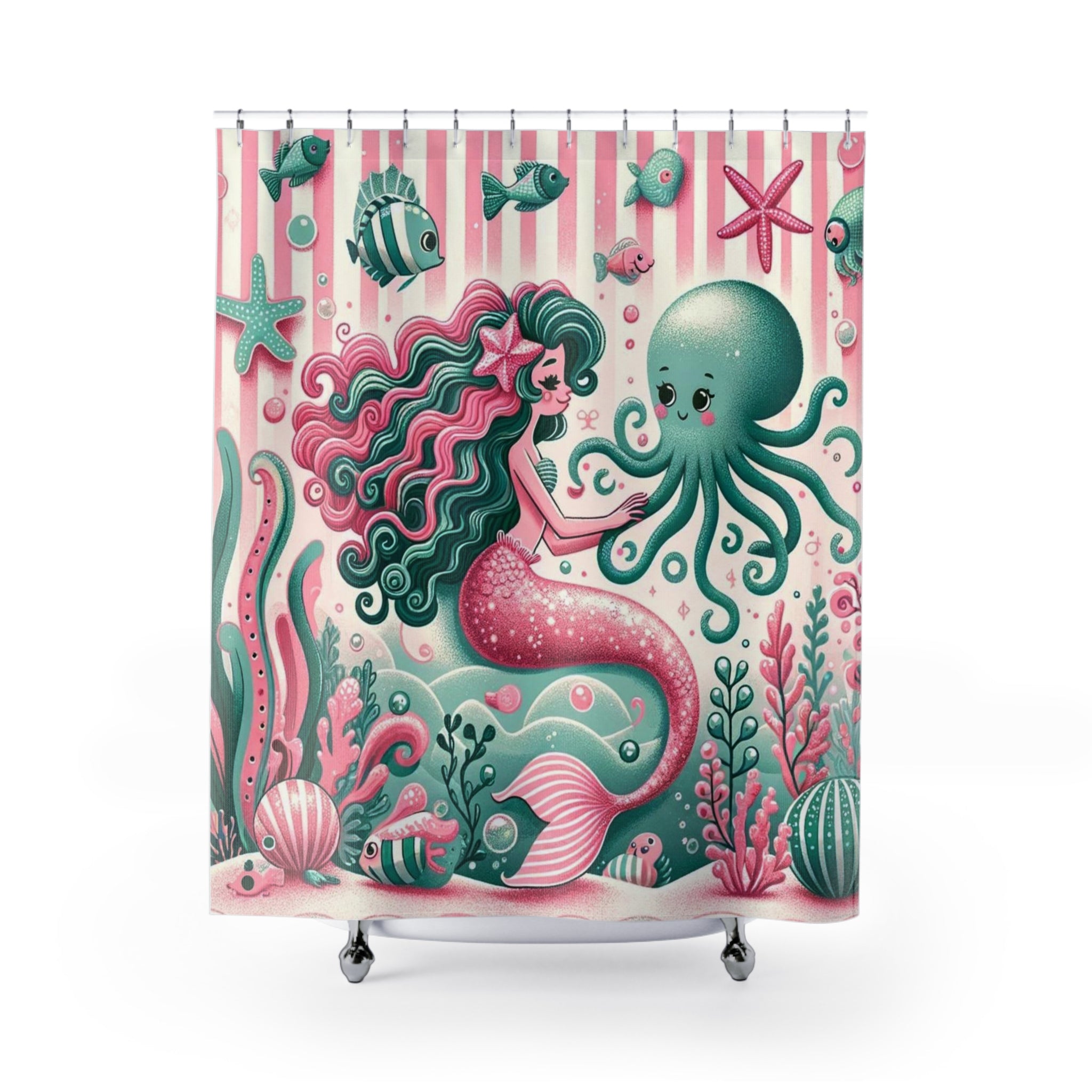 Vintage Mermaid Kitschy 50s Style, Pink, Mint Mid Century Modern Shower Curtains - Mid Century Modern Gal