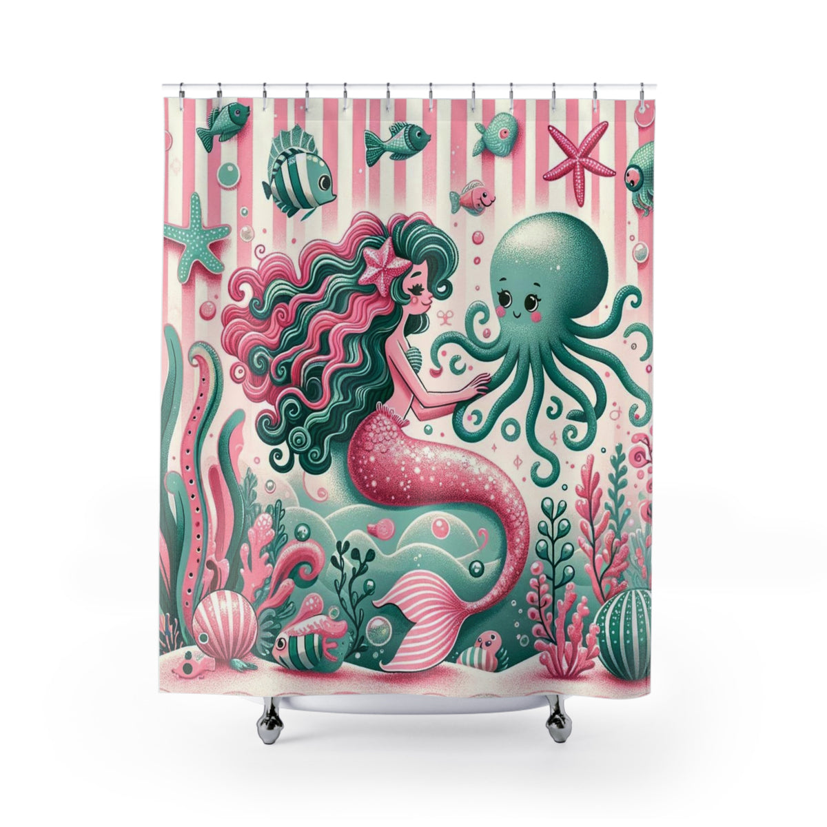 Vintage Mermaid Kitschy 50s Style, Pink, Mint Mid Century Modern Shower Curtains - Mid Century Modern Gal