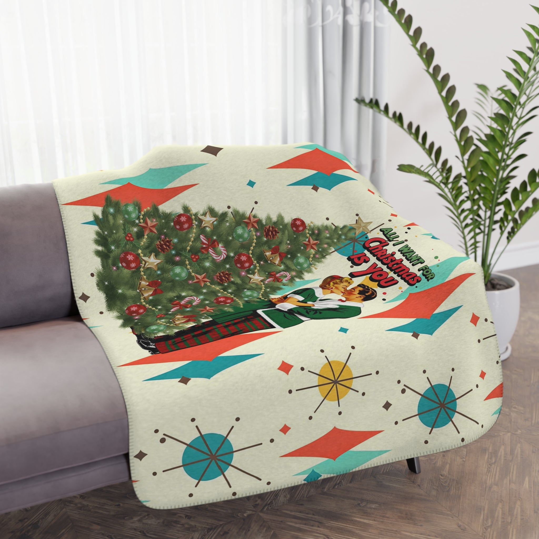 Mid Century Modern Christmas Franciscan Starburst Vintage Couple Cozy Holiday Blanket – &