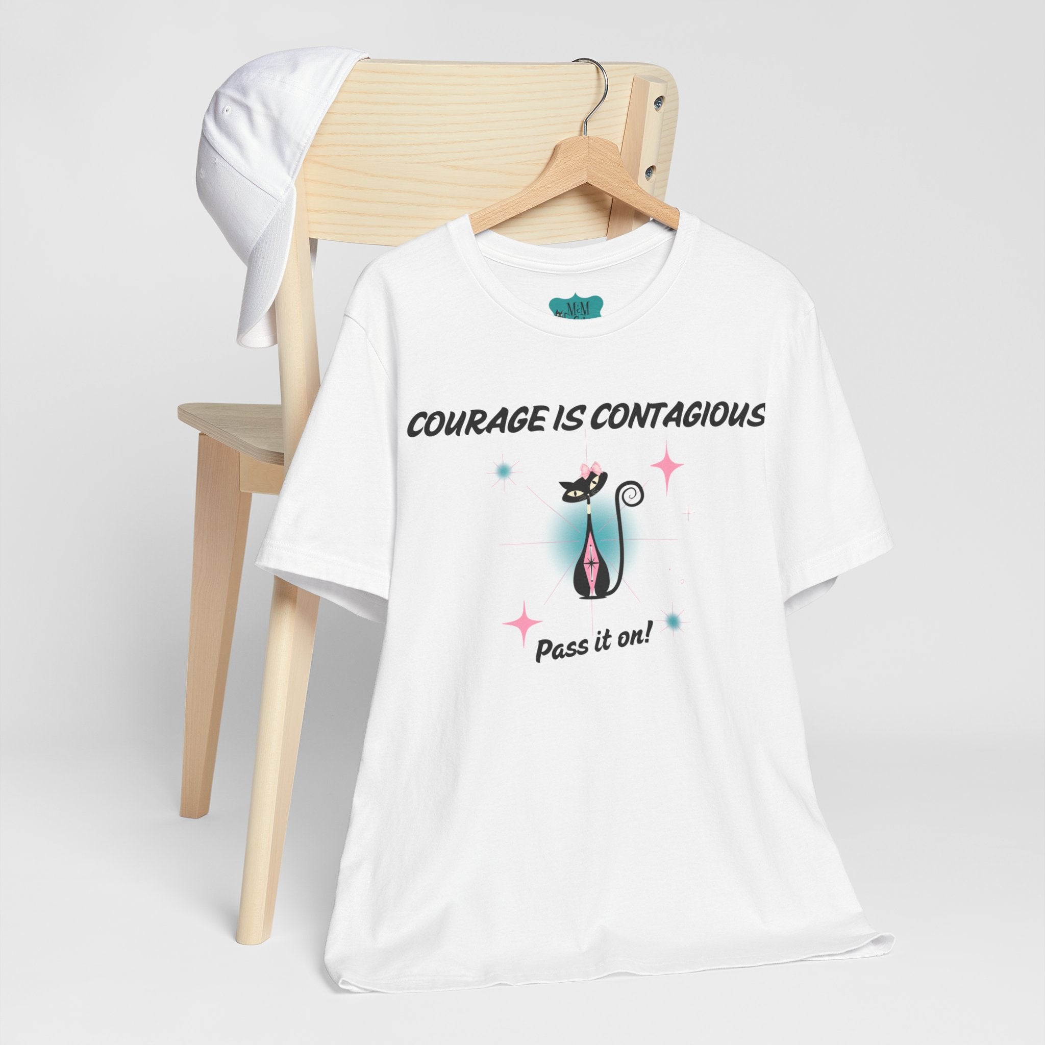 Breast Cancer Shirt, Courage Is Contagious Breast Cancer Support, Warrior, Survivor, Chemo Day Atomic Cat Pretty Short Sleeve Tee - Mid Century Modern Gal