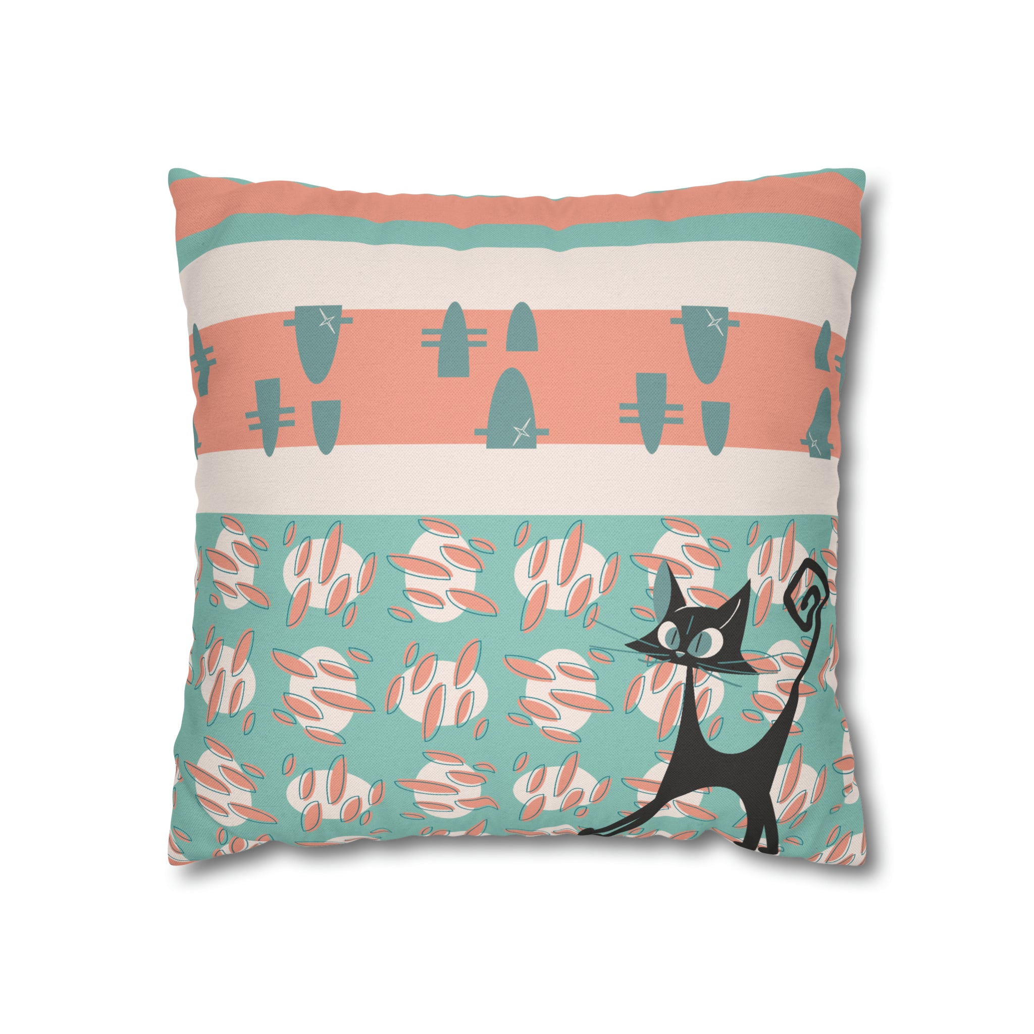 50s Nostalgic Atomic Cat Mid Century Modern Aqua, Coral Pink Peach, Kitschy Mid Century Modern Pillow Cover ONLY - Mid Century Modern Gal